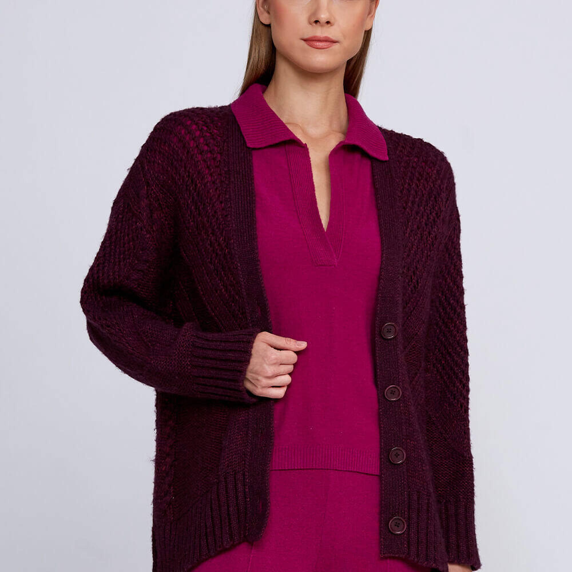 Knitss Yün Karışımlı Örgü Detaylı Bordo Triko Hırka