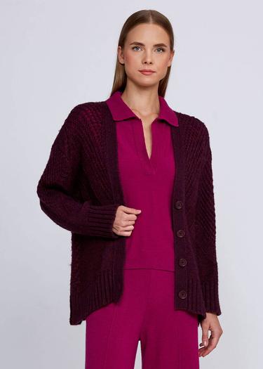  Knitss Yün Karışımlı Örgü Detaylı Bordo Triko Hırka