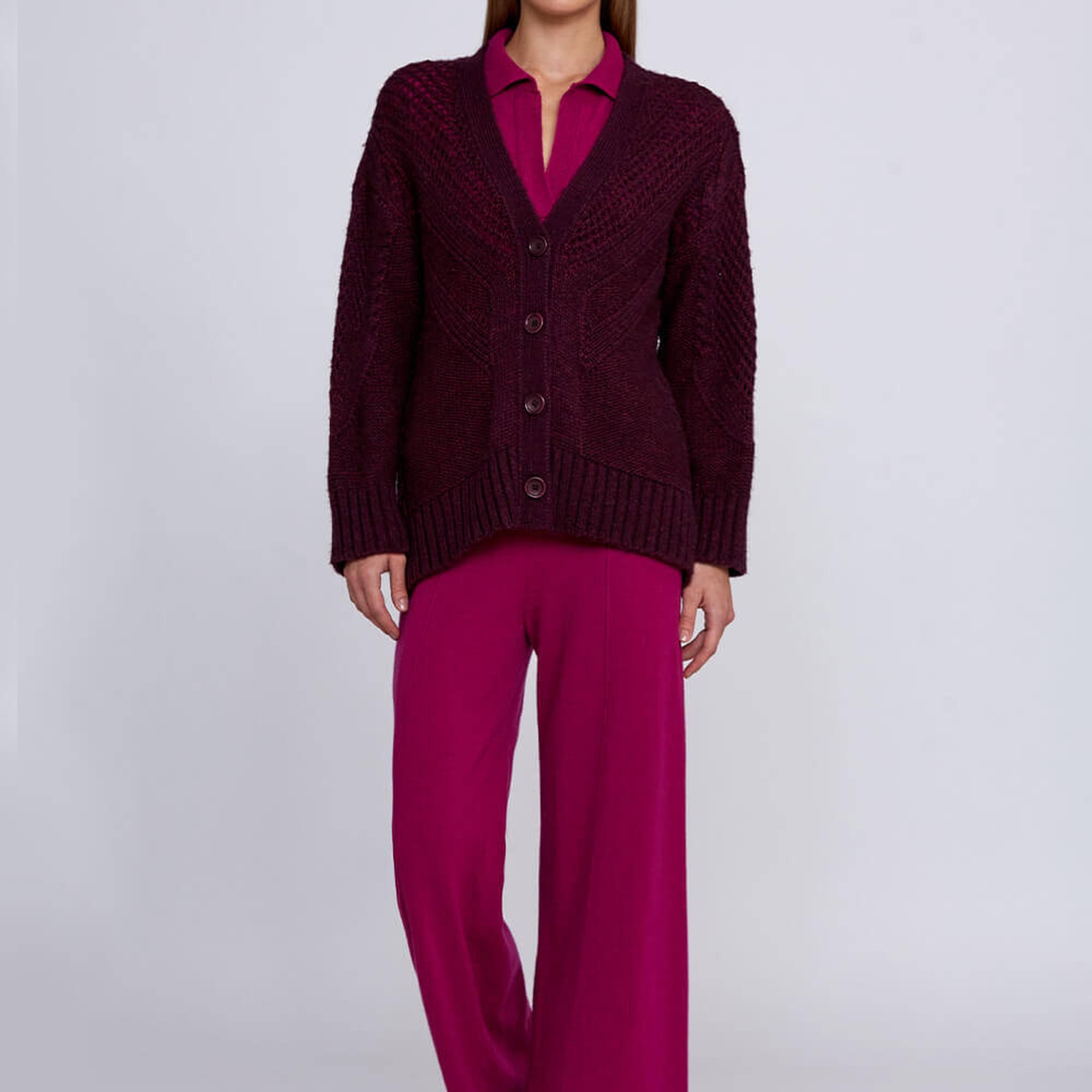 Knitss Yün Karışımlı Örgü Detaylı Bordo Triko Hırka