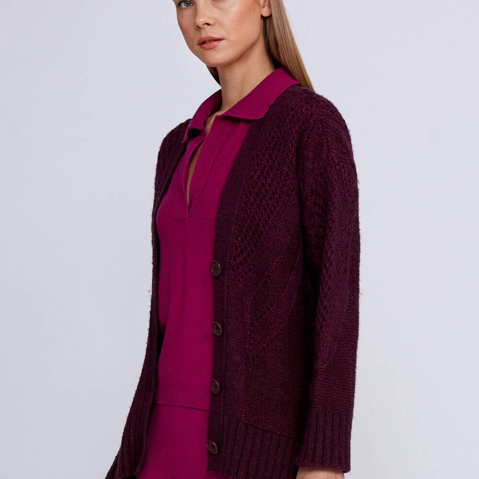 Knitss Yün Karışımlı Örgü Detaylı Bordo Triko Hırka