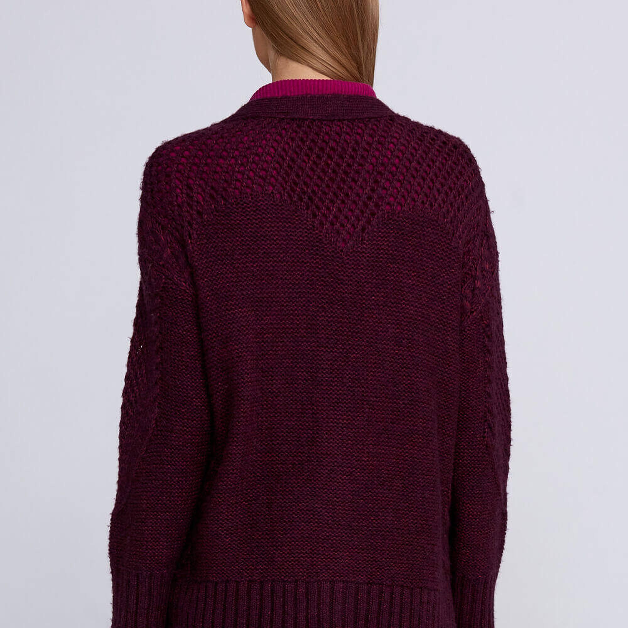 Knitss Yün Karışımlı Örgü Detaylı Bordo Triko Hırka