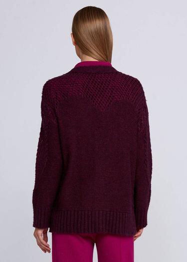  Knitss Yün Karışımlı Örgü Detaylı Bordo Triko Hırka