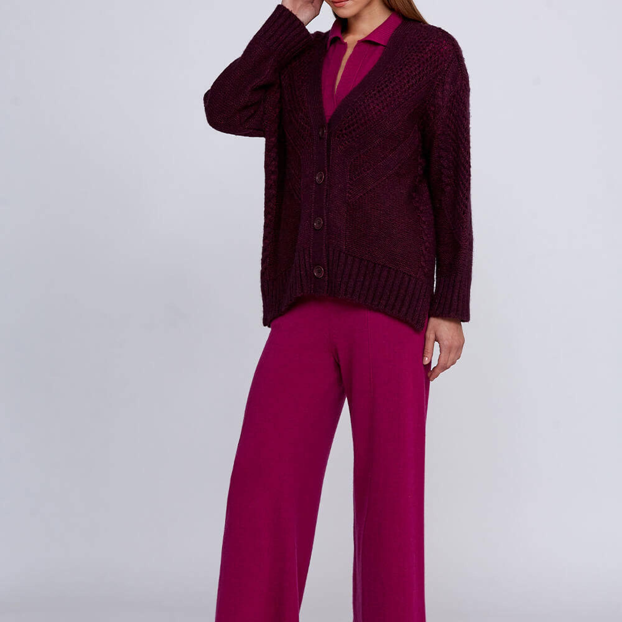 Knitss Yün Karışımlı Örgü Detaylı Bordo Triko Hırka