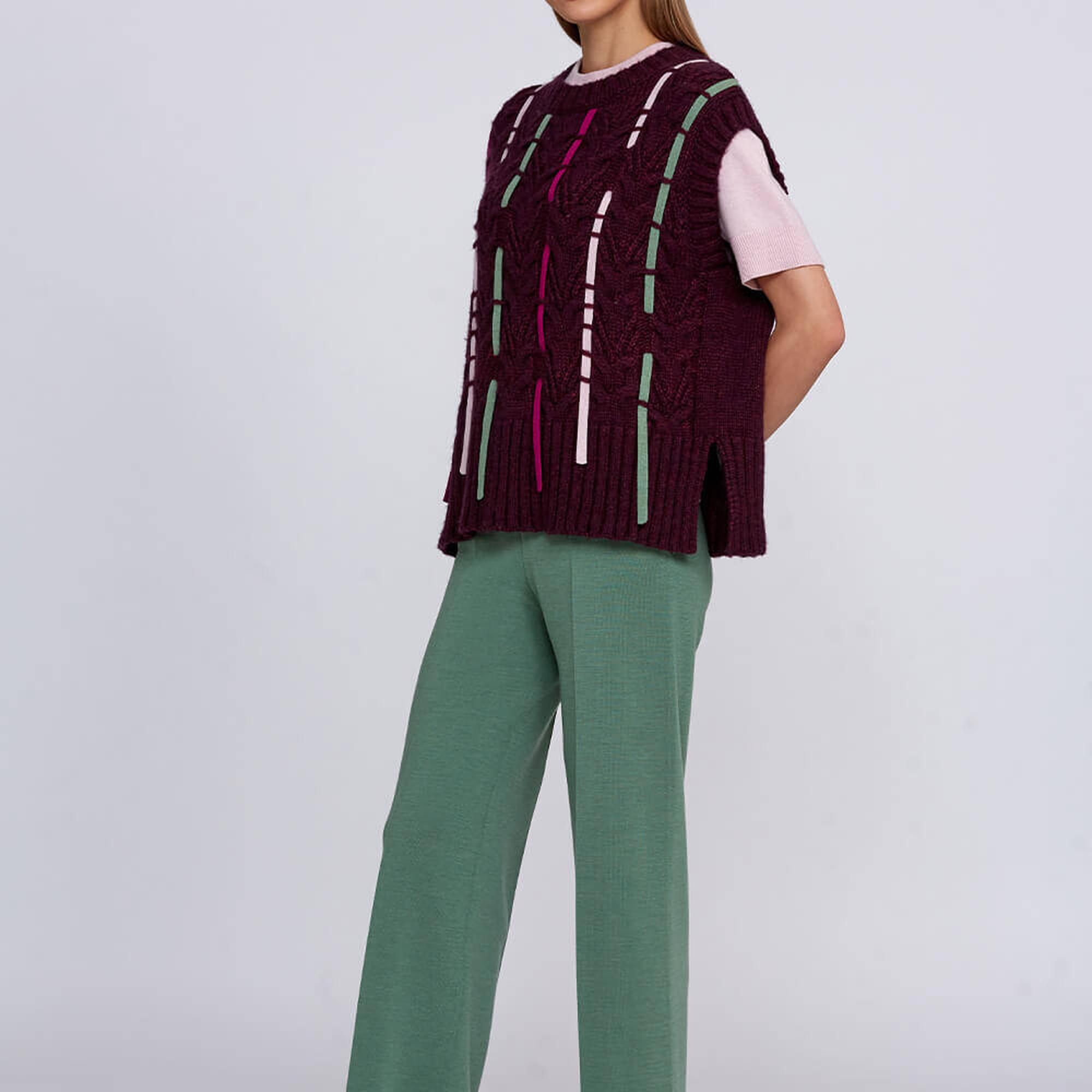 Knitss Yün Karışımlı Şerit Detaylı Bordo Triko Üst