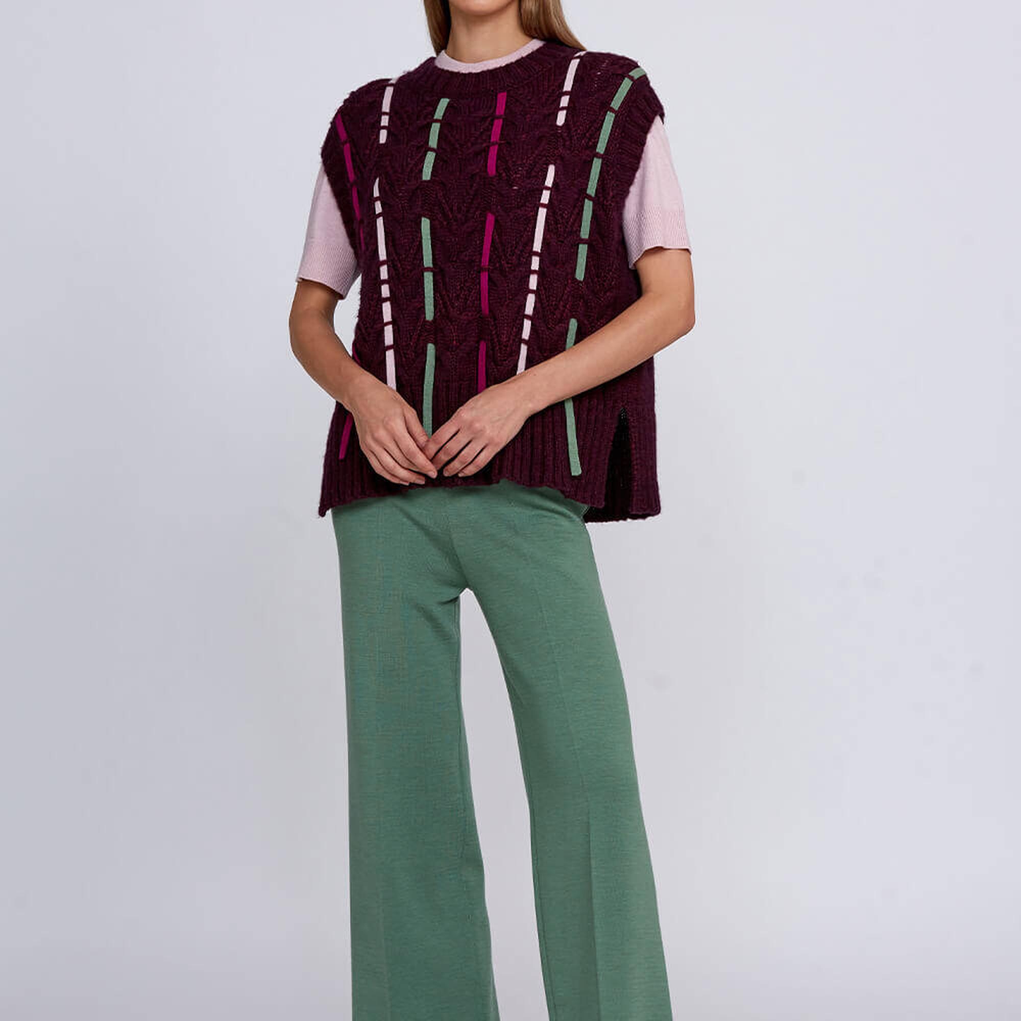 Knitss Yün Karışımlı Şerit Detaylı Bordo Triko Üst