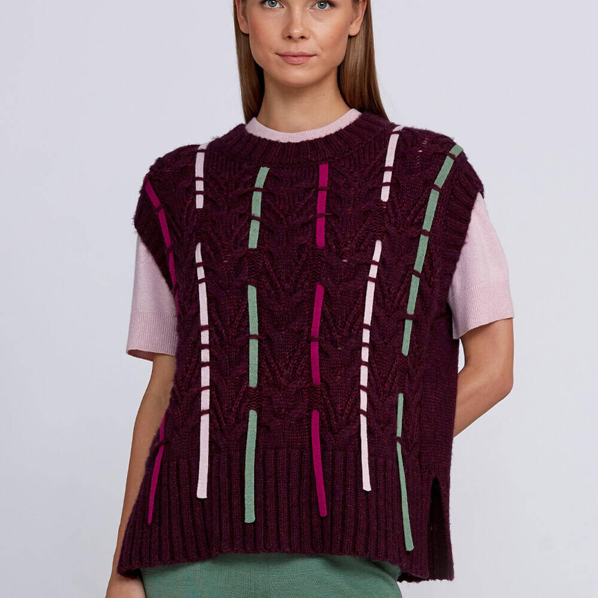 Knitss Yün Karışımlı Şerit Detaylı Bordo Triko Üst