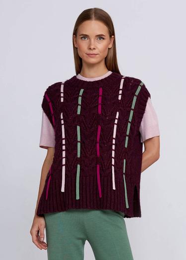  Knitss Yün Karışımlı Şerit Detaylı Bordo Triko Üst