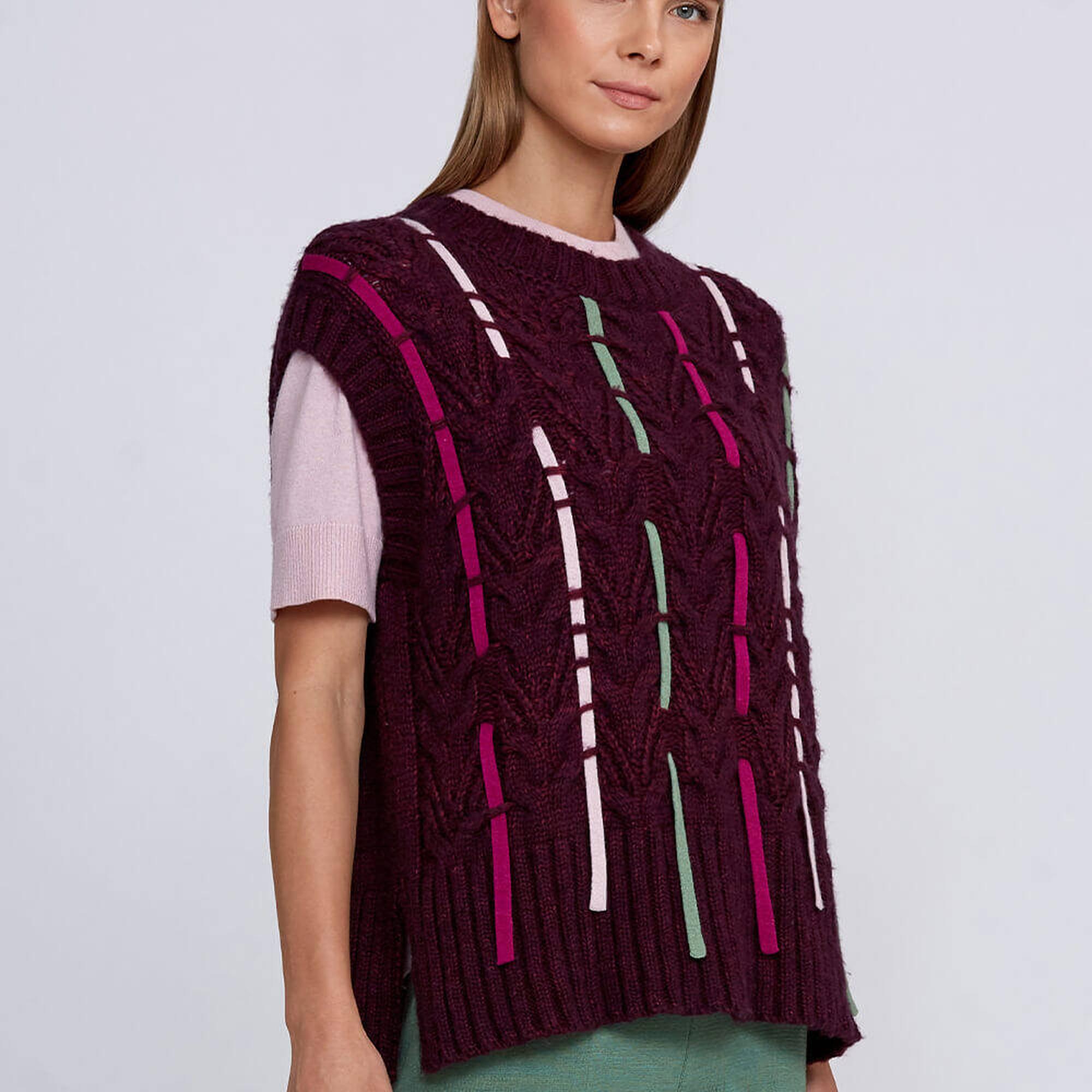 Knitss Yün Karışımlı Şerit Detaylı Bordo Triko Üst