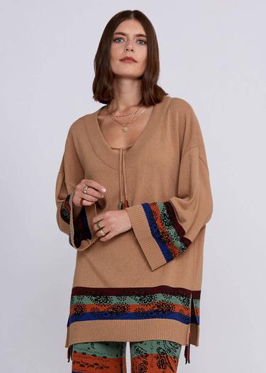  Knitss Kaşmir Yün Karışımlı V Yaka Camel Triko Tunik