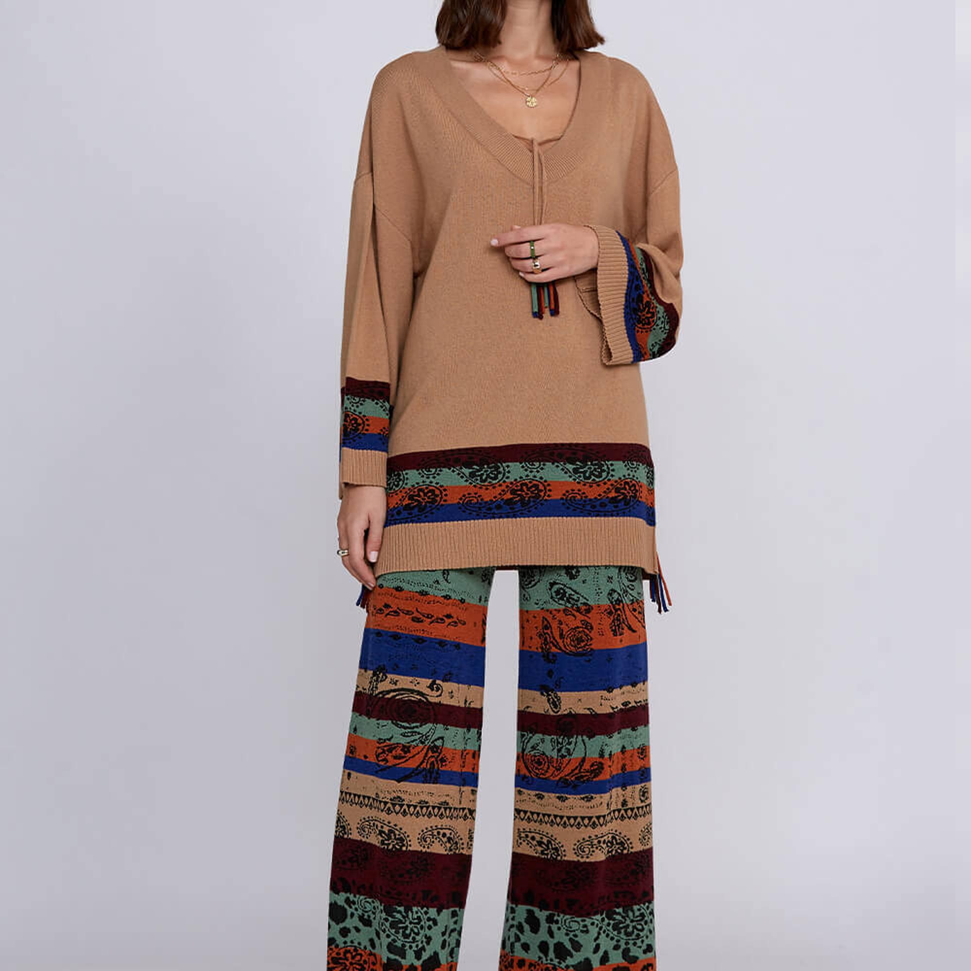 Knitss Kaşmir Yün Karışımlı V Yaka Camel Triko Tunik