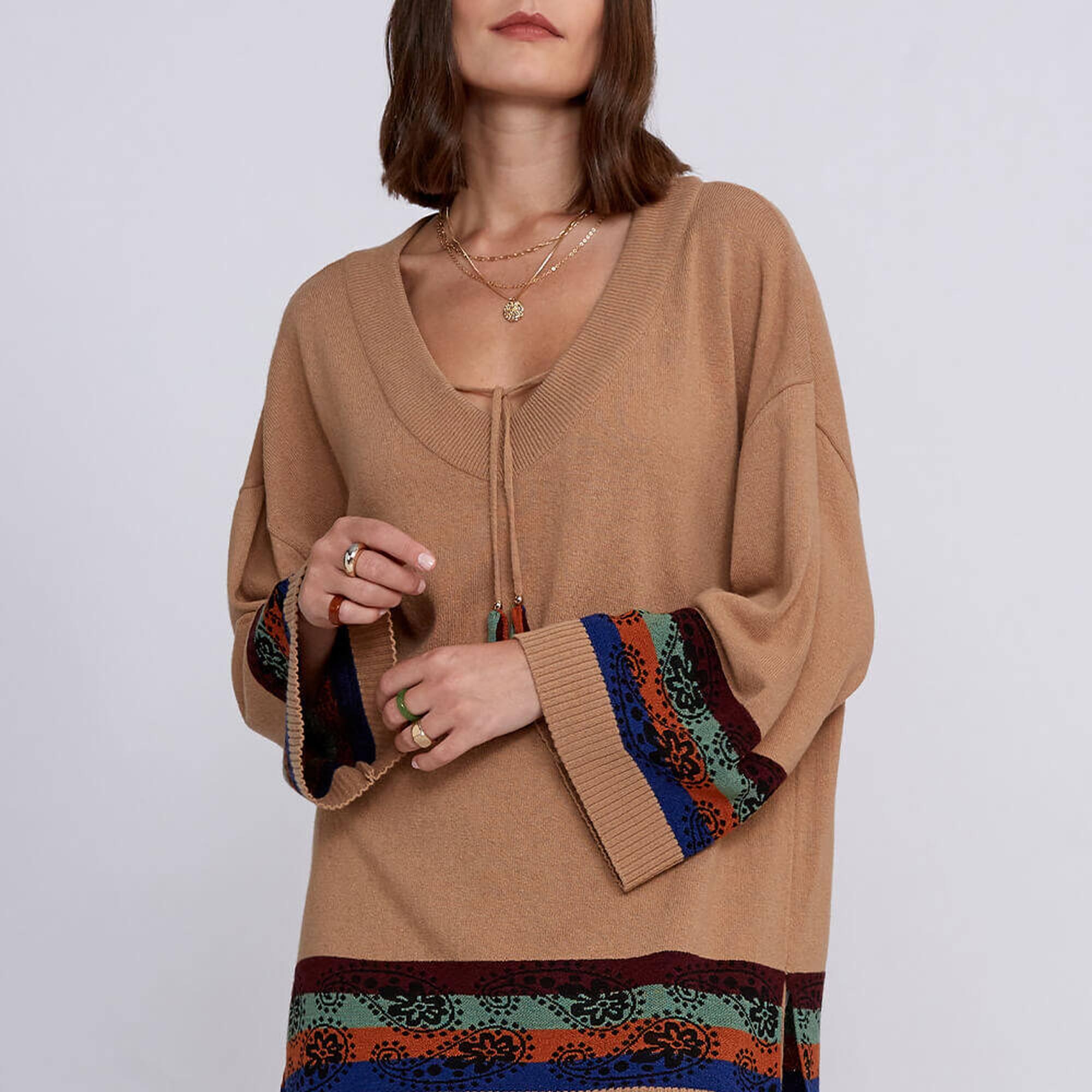 Knitss Kaşmir Yün Karışımlı V Yaka Camel Triko Tunik
