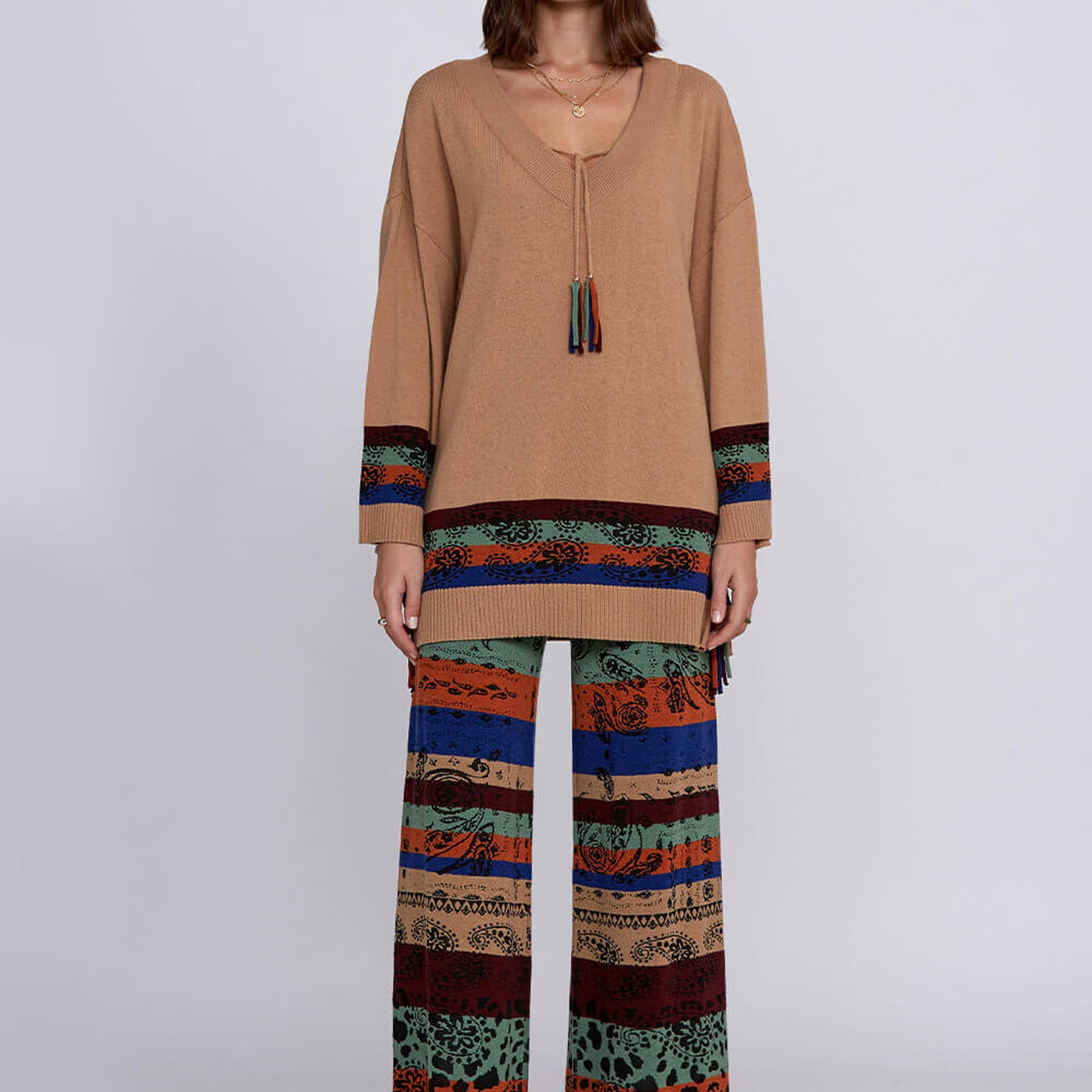 Knitss Kaşmir Yün Karışımlı V Yaka Camel Triko Tunik