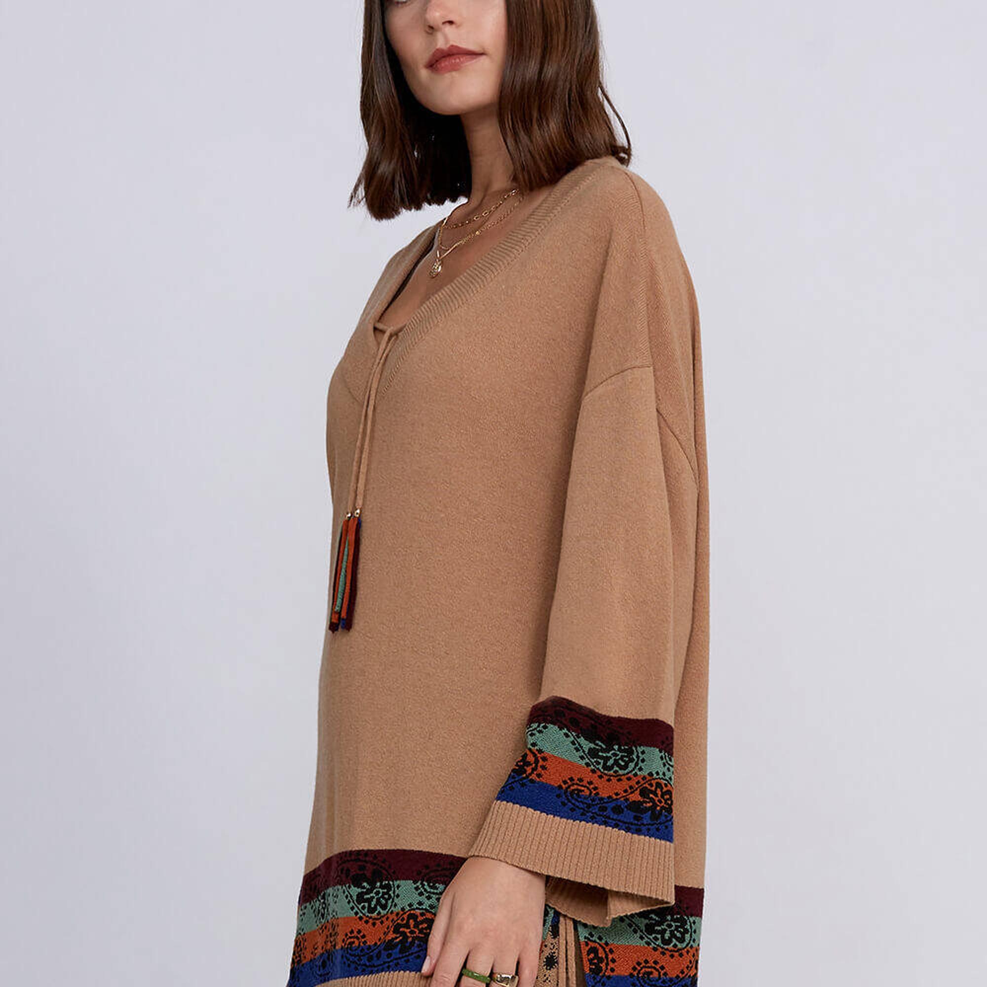 Knitss Kaşmir Yün Karışımlı V Yaka Camel Triko Tunik