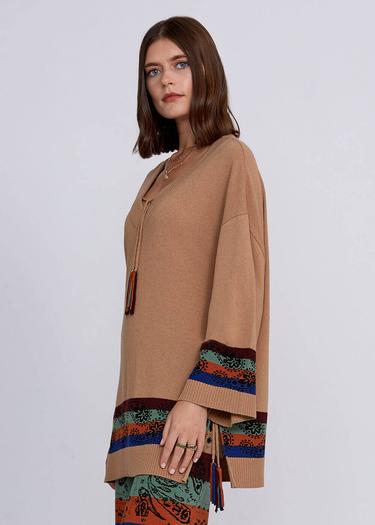  Knitss Kaşmir Yün Karışımlı V Yaka Camel Triko Tunik