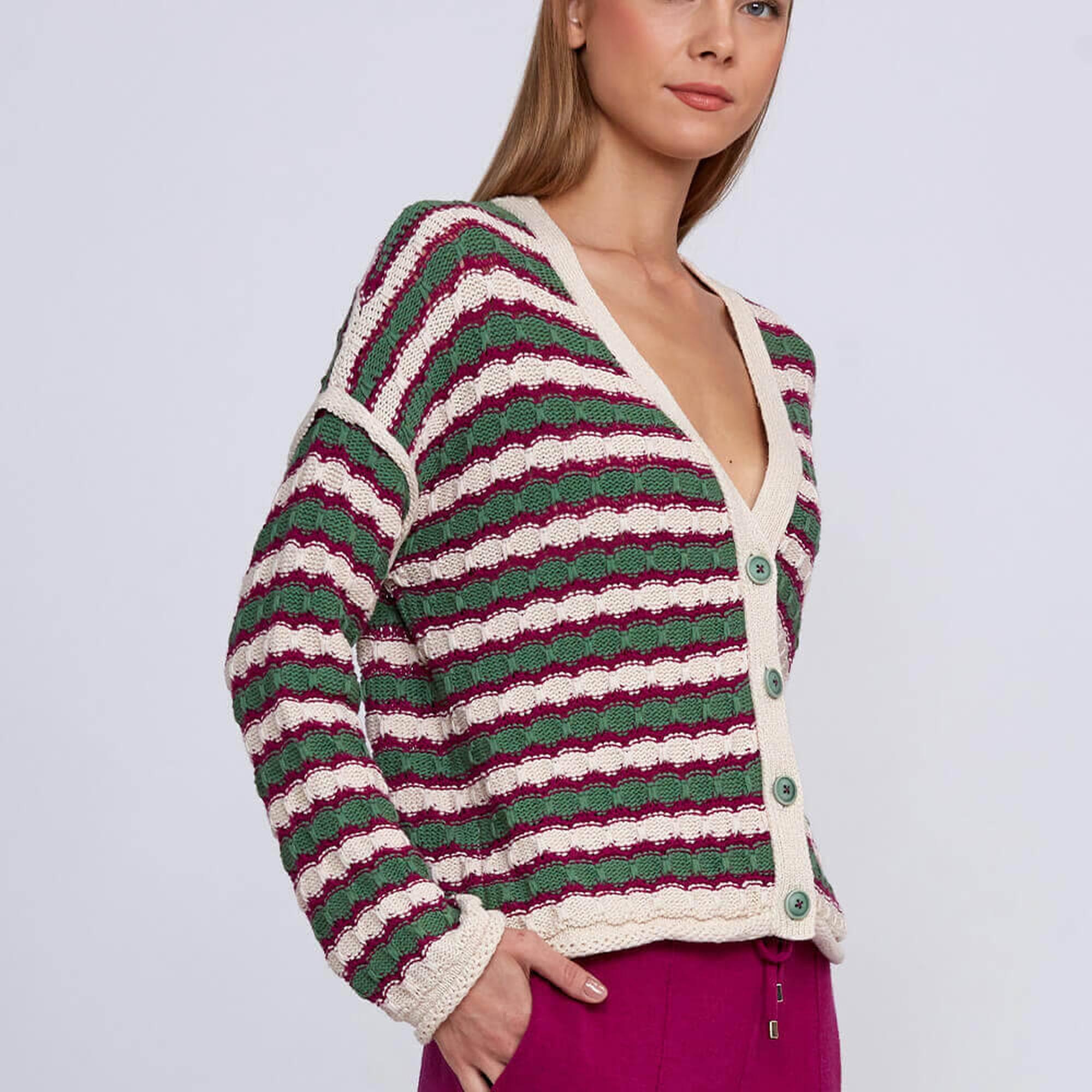 Knitss Organik Pamuk Karışımlı Yeşil  Ekru Triko Hırka