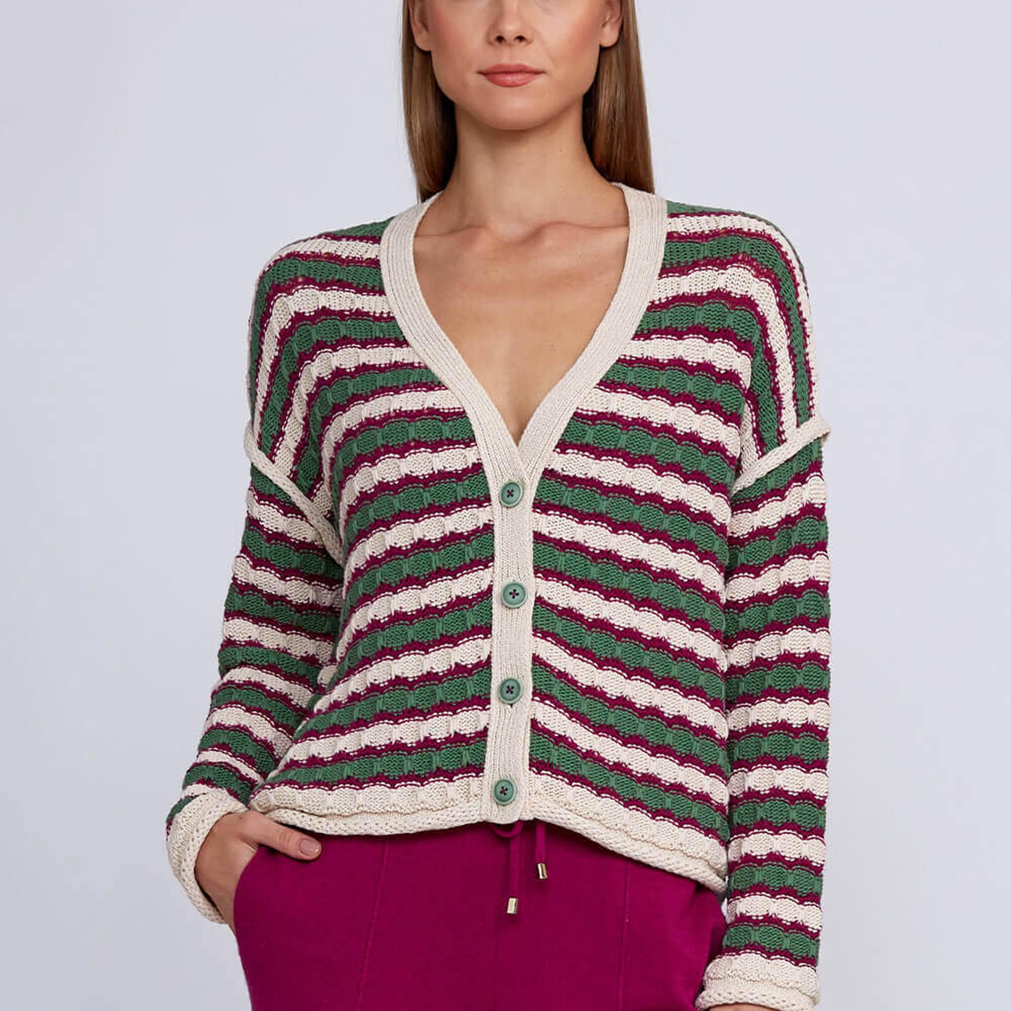 Knitss Organik Pamuk Karışımlı Yeşil  Ekru Triko Hırka