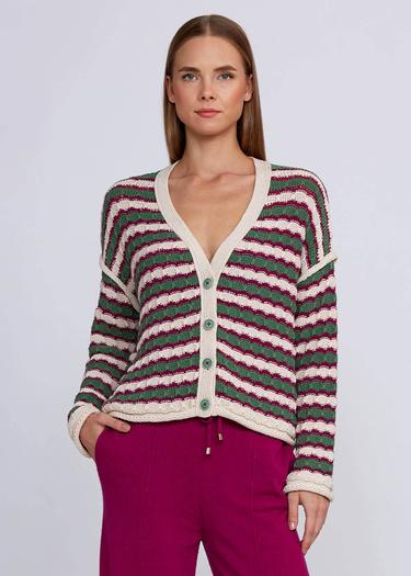  Knitss Organik Pamuk Karışımlı Yeşil  Ekru Triko Hırka