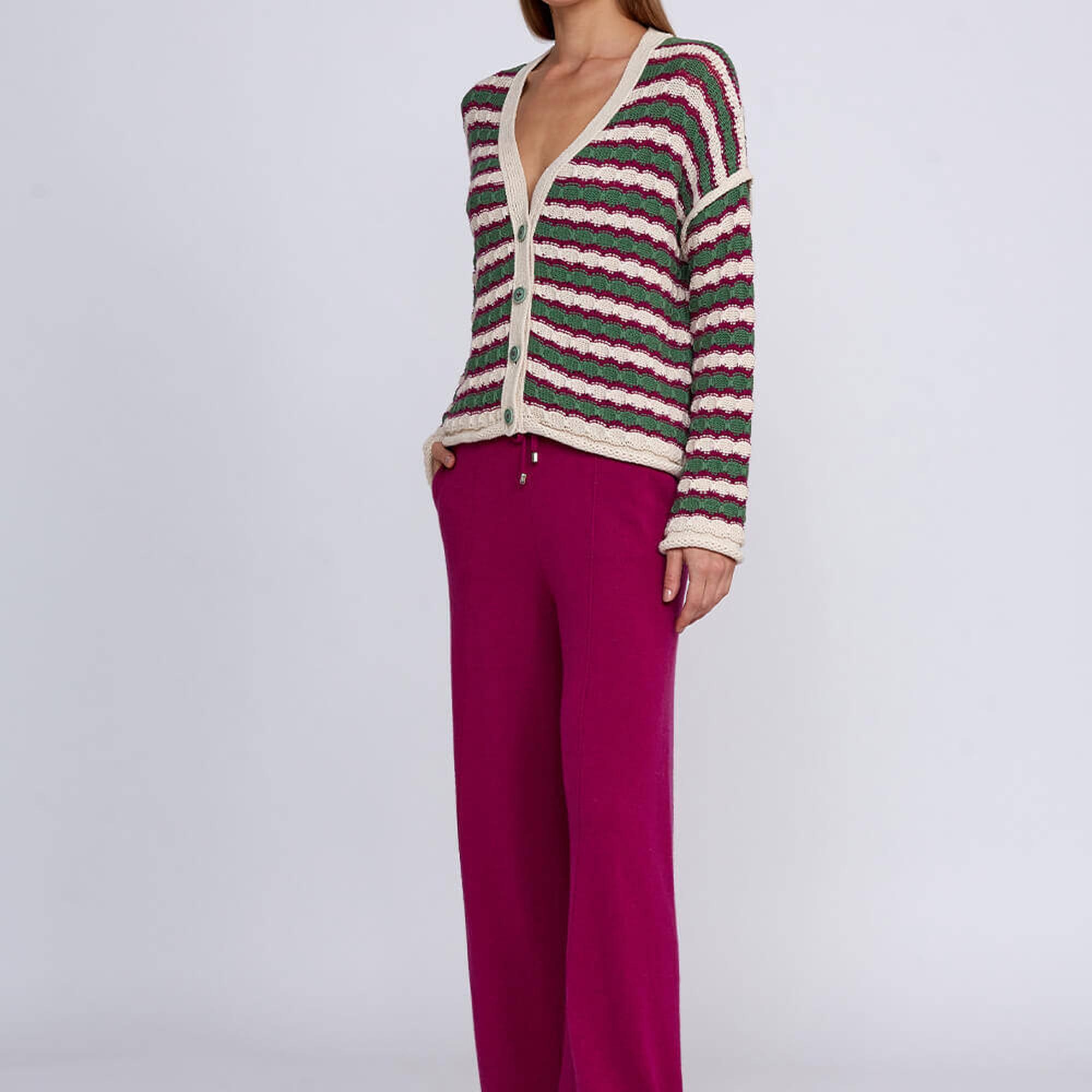 Knitss Organik Pamuk Karışımlı Yeşil  Ekru Triko Hırka