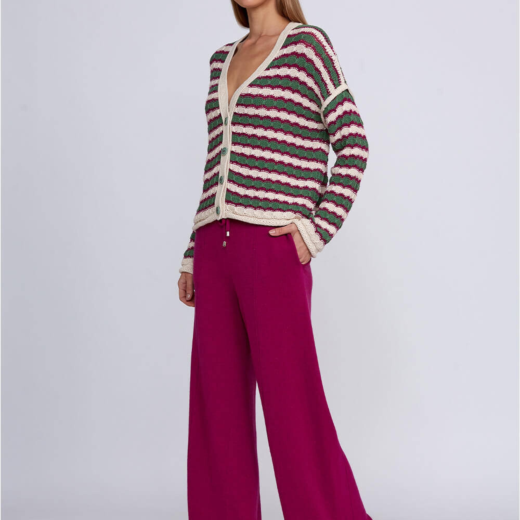 Knitss Organik Pamuk Karışımlı Yeşil  Ekru Triko Hırka