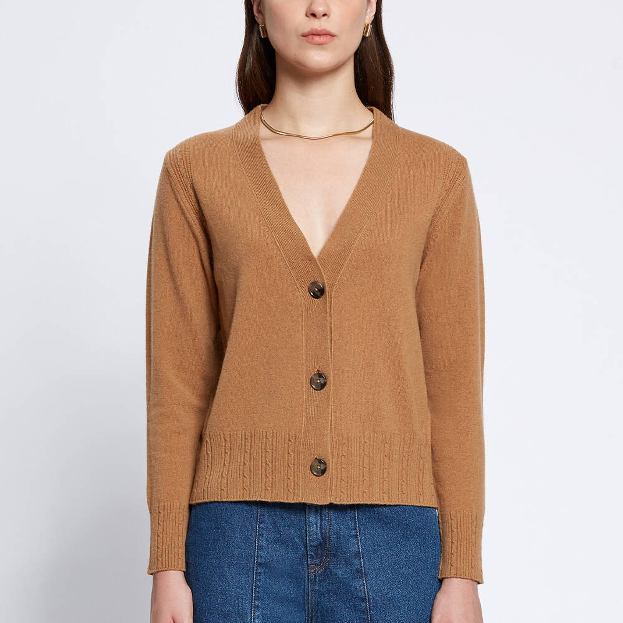 Knitss Saç Örgü Detaylı Camel Kaşmir Triko Hırka