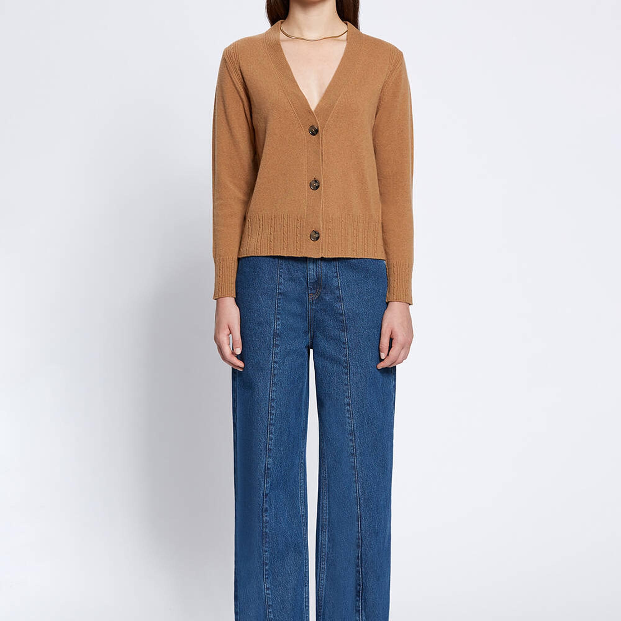 Knitss Saç Örgü Detaylı Camel Kaşmir Triko Hırka