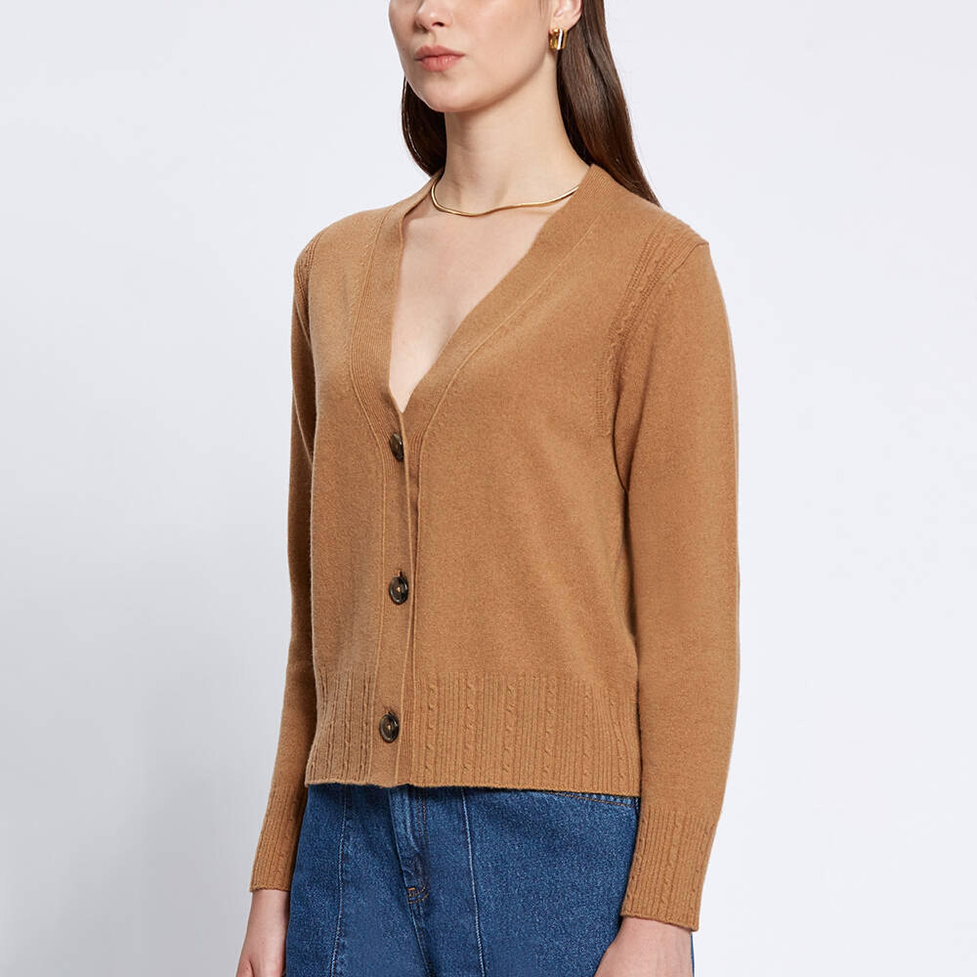 Knitss Saç Örgü Detaylı Camel Kaşmir Triko Hırka