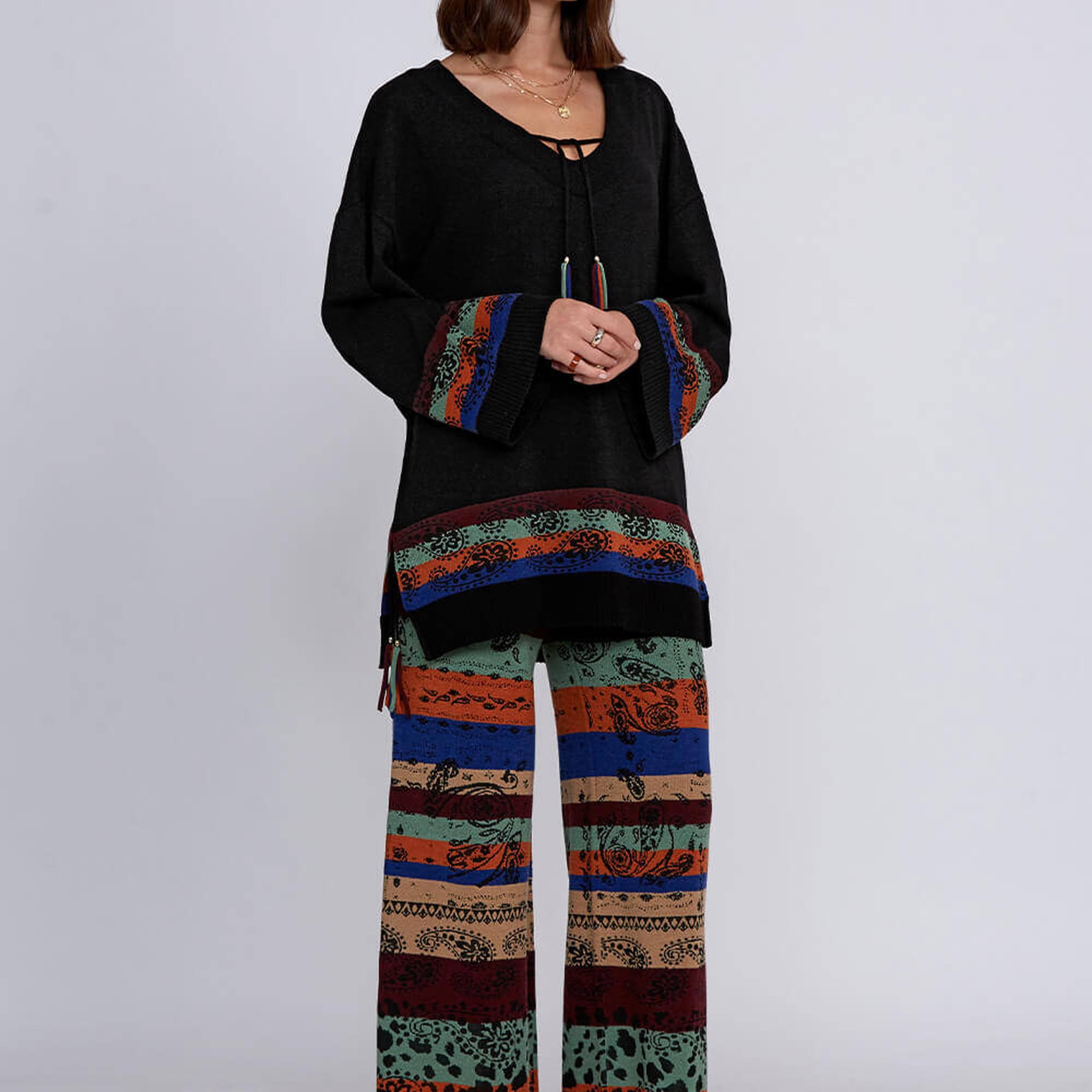 Knitss Kaşmir Yün Karışımlı V Yaka Siyah Triko Tunik