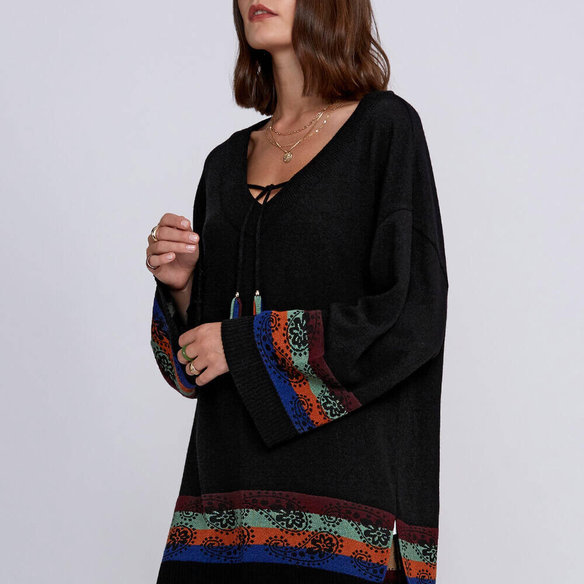 Knitss Kaşmir Yün Karışımlı V Yaka Siyah Triko Tunik