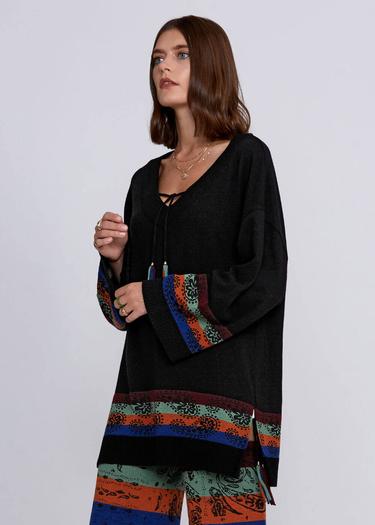  Knitss Kaşmir Yün Karışımlı V Yaka Siyah Triko Tunik