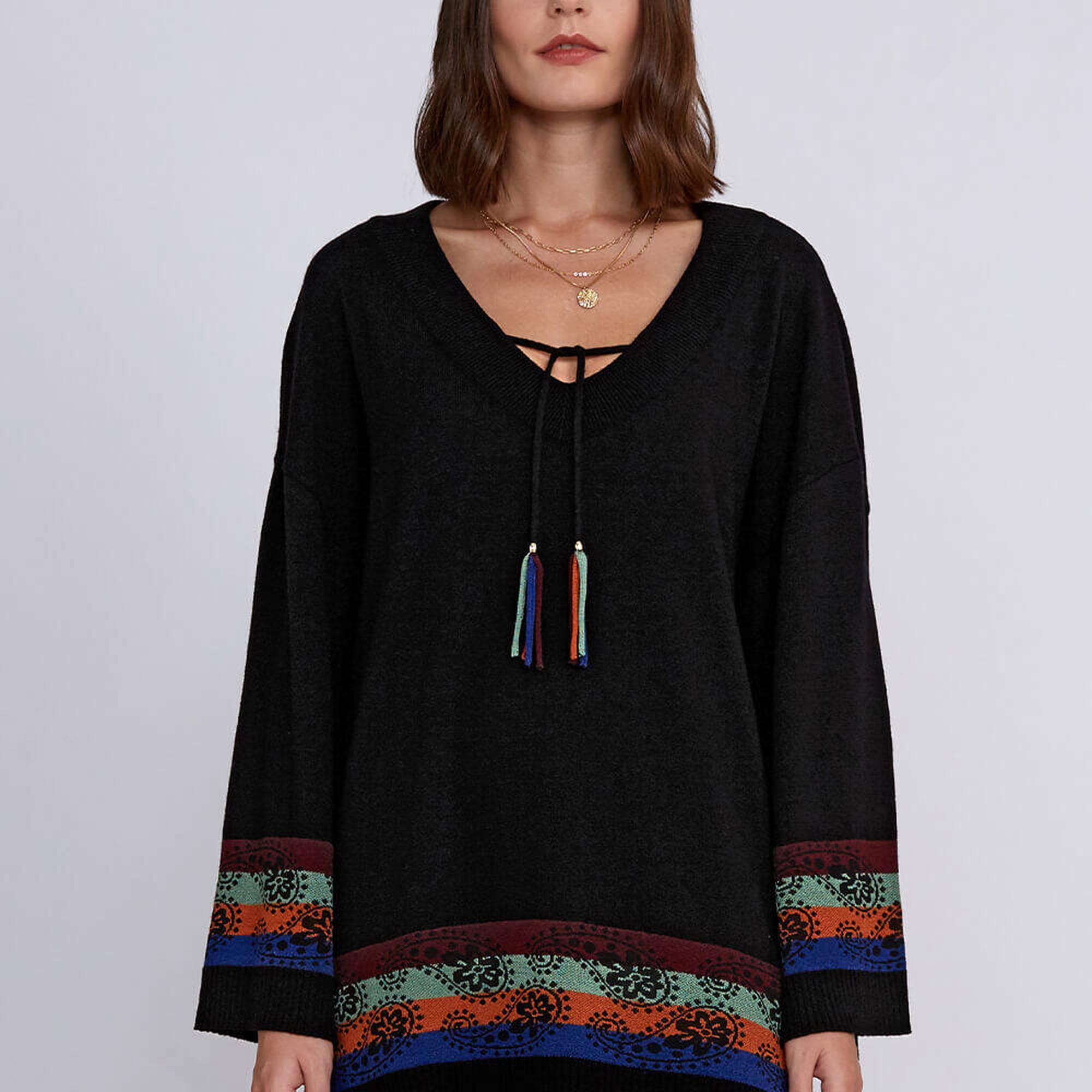 Knitss Kaşmir Yün Karışımlı V Yaka Siyah Triko Tunik