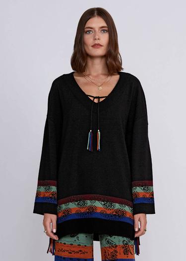  Knitss Kaşmir Yün Karışımlı V Yaka Siyah Triko Tunik