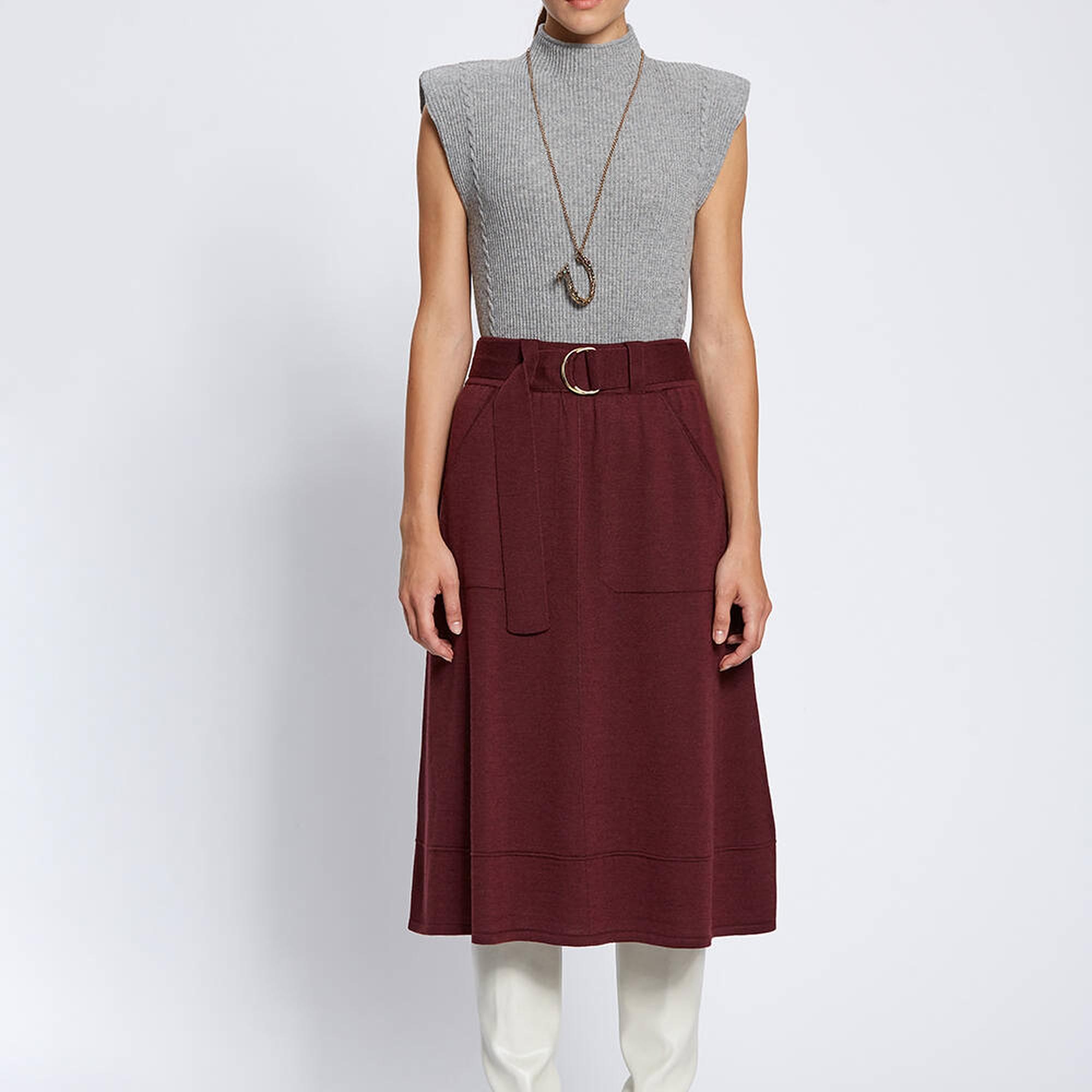 Knitss Kemer Detaylı Merino Yün Bordo Triko Etek