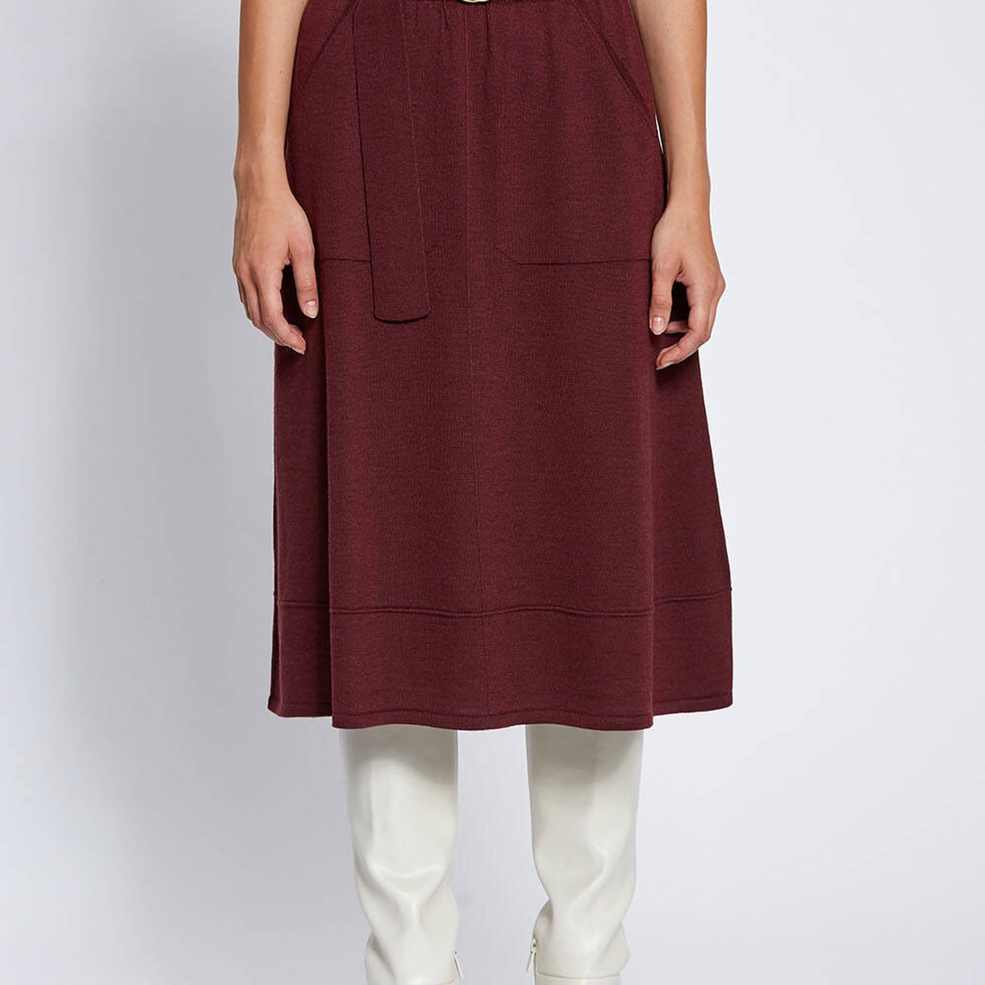 Knitss Kemer Detaylı Merino Yün Bordo Triko Etek