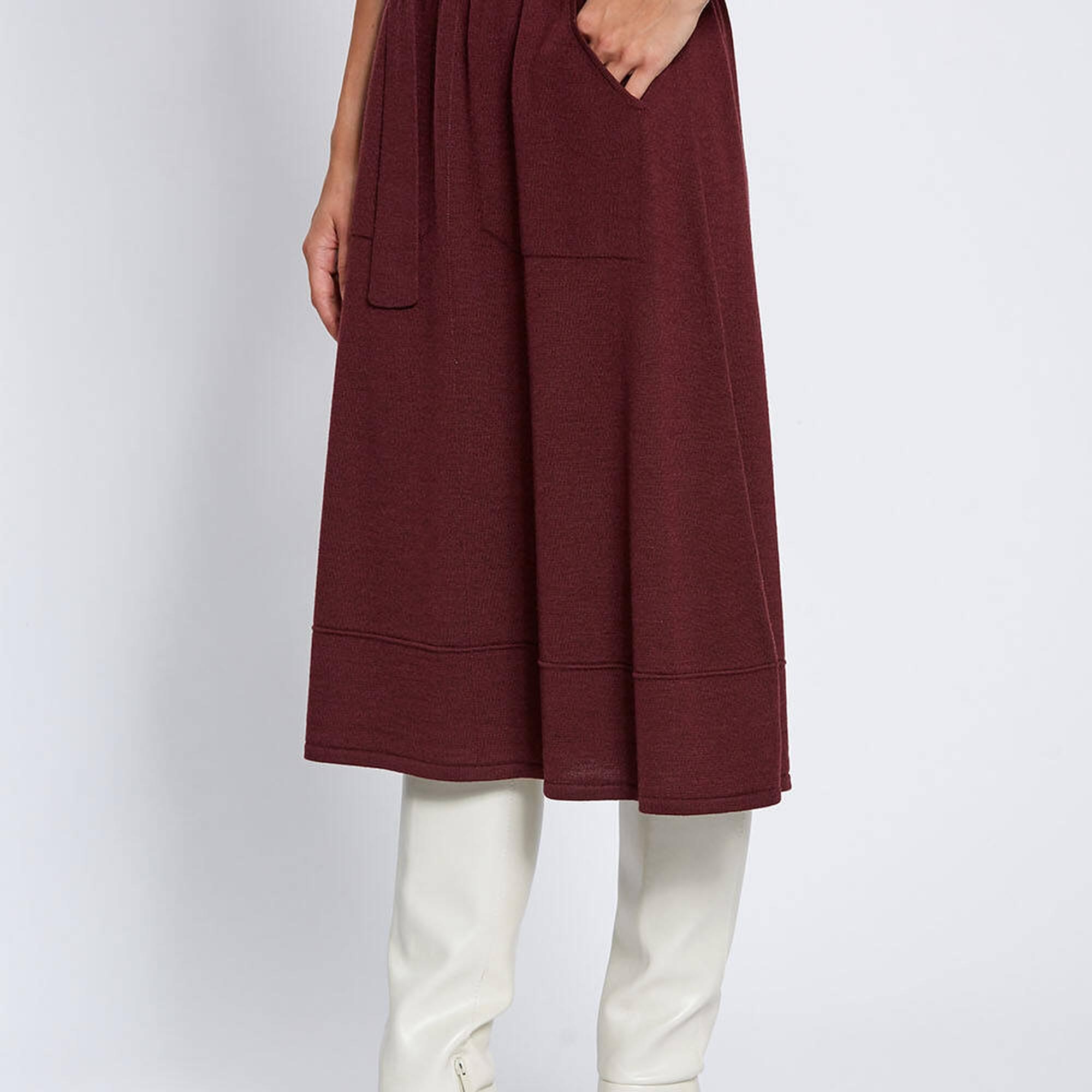 Knitss Kemer Detaylı Merino Yün Bordo Triko Etek