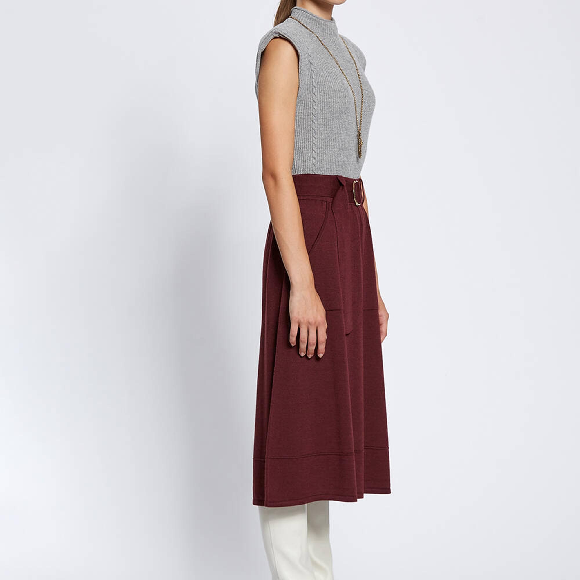 Knitss Kemer Detaylı Merino Yün Bordo Triko Etek