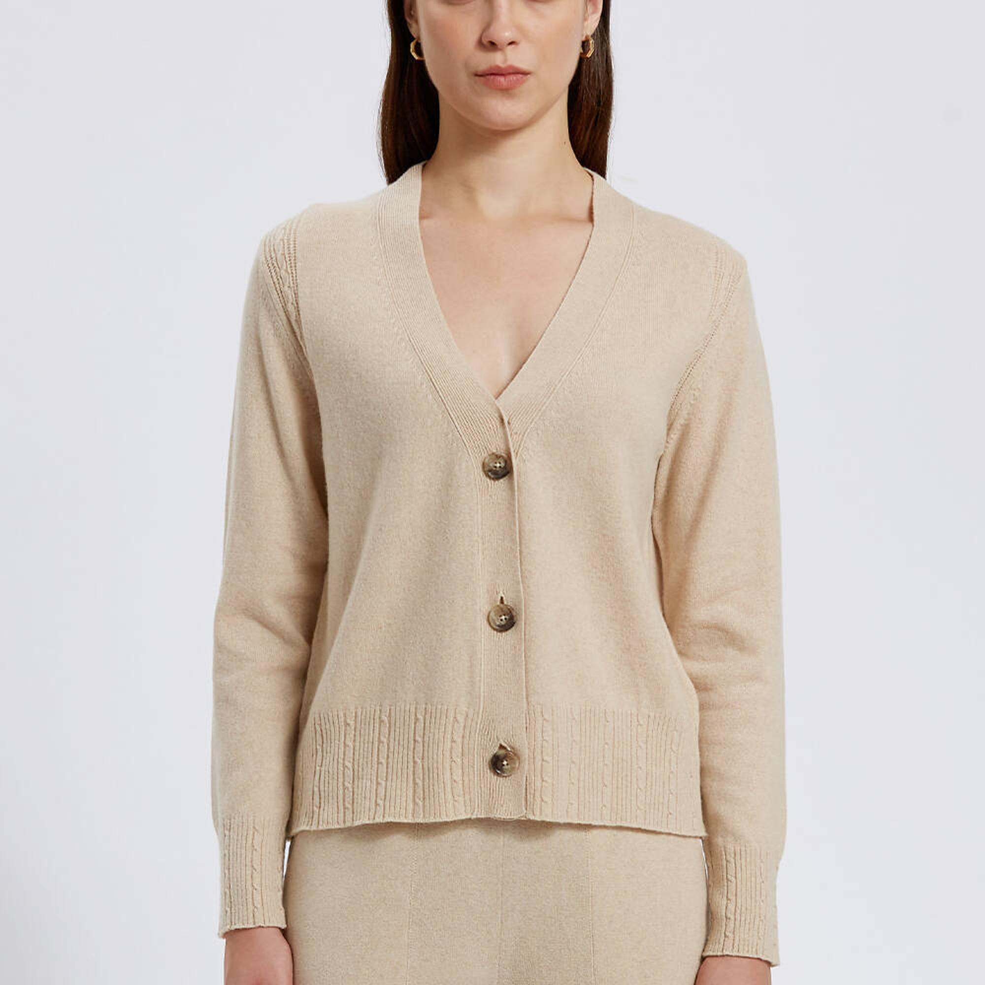 Knitss Saç Örgü Detaylı Krem Rengi Kaşmir Triko Hırka