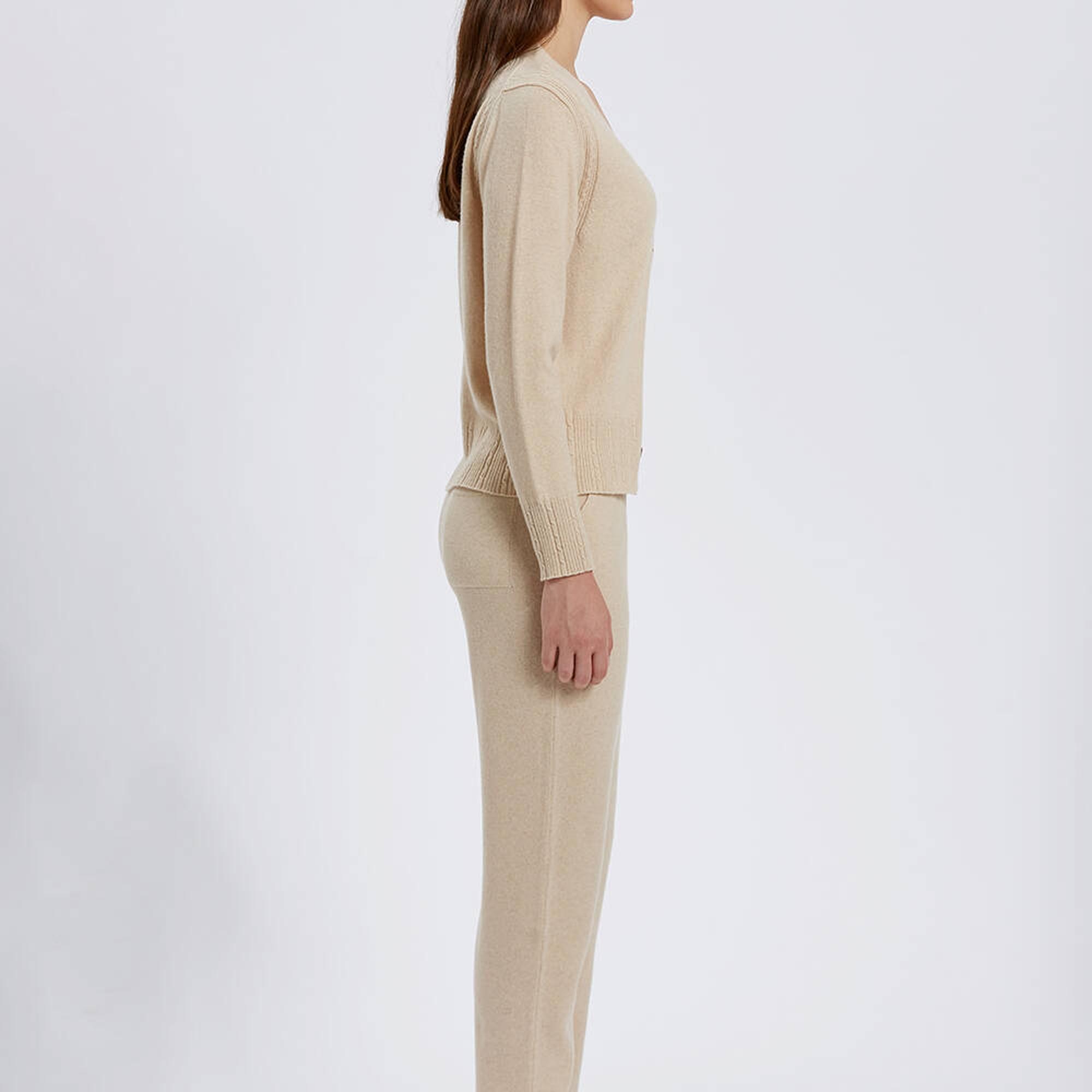 Knitss Saç Örgü Detaylı Krem Rengi Kaşmir Triko Hırka