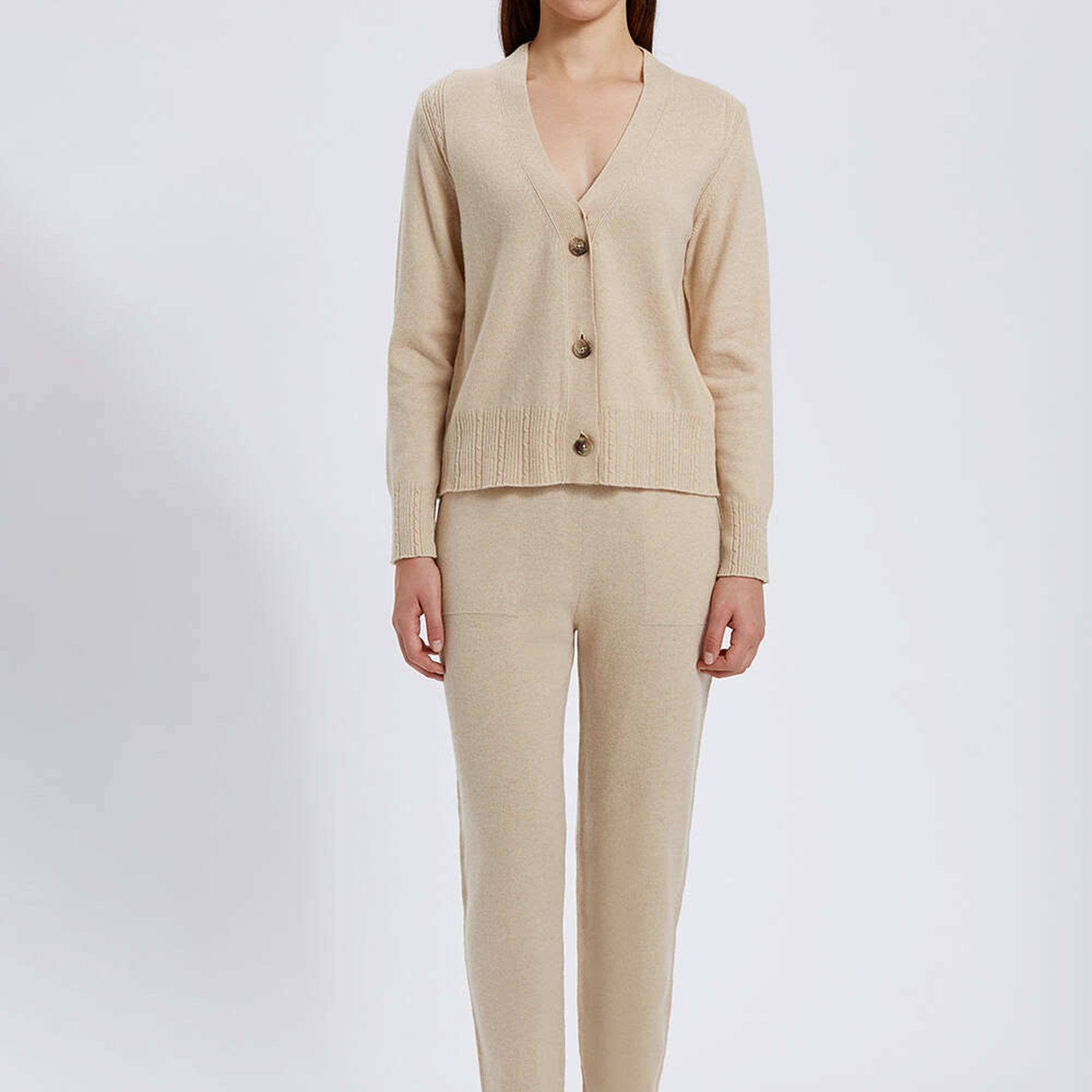 Knitss Saç Örgü Detaylı Krem Rengi Kaşmir Triko Hırka