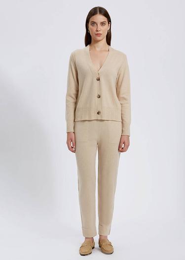  Knitss Saç Örgü Detaylı Krem Rengi Kaşmir Triko Hırka