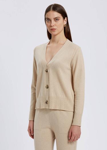  Knitss Saç Örgü Detaylı Krem Rengi Kaşmir Triko Hırka