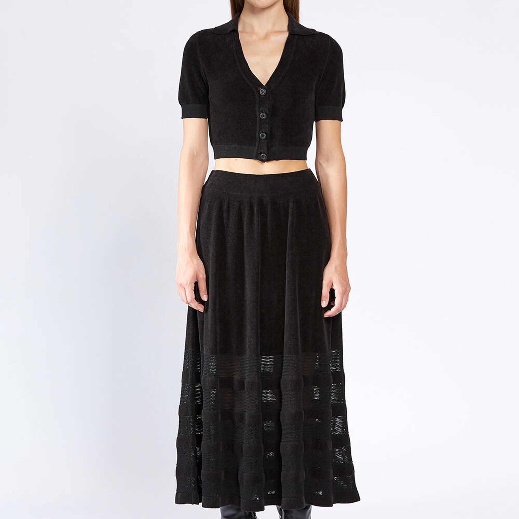 Knitss Taşlı Düğmeli Siyah Crop Triko Üst