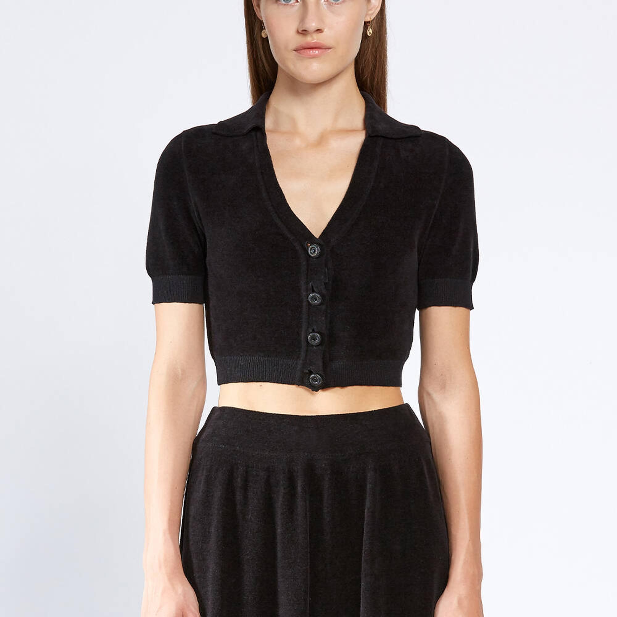 Knitss Taşlı Düğmeli Siyah Crop Triko Üst