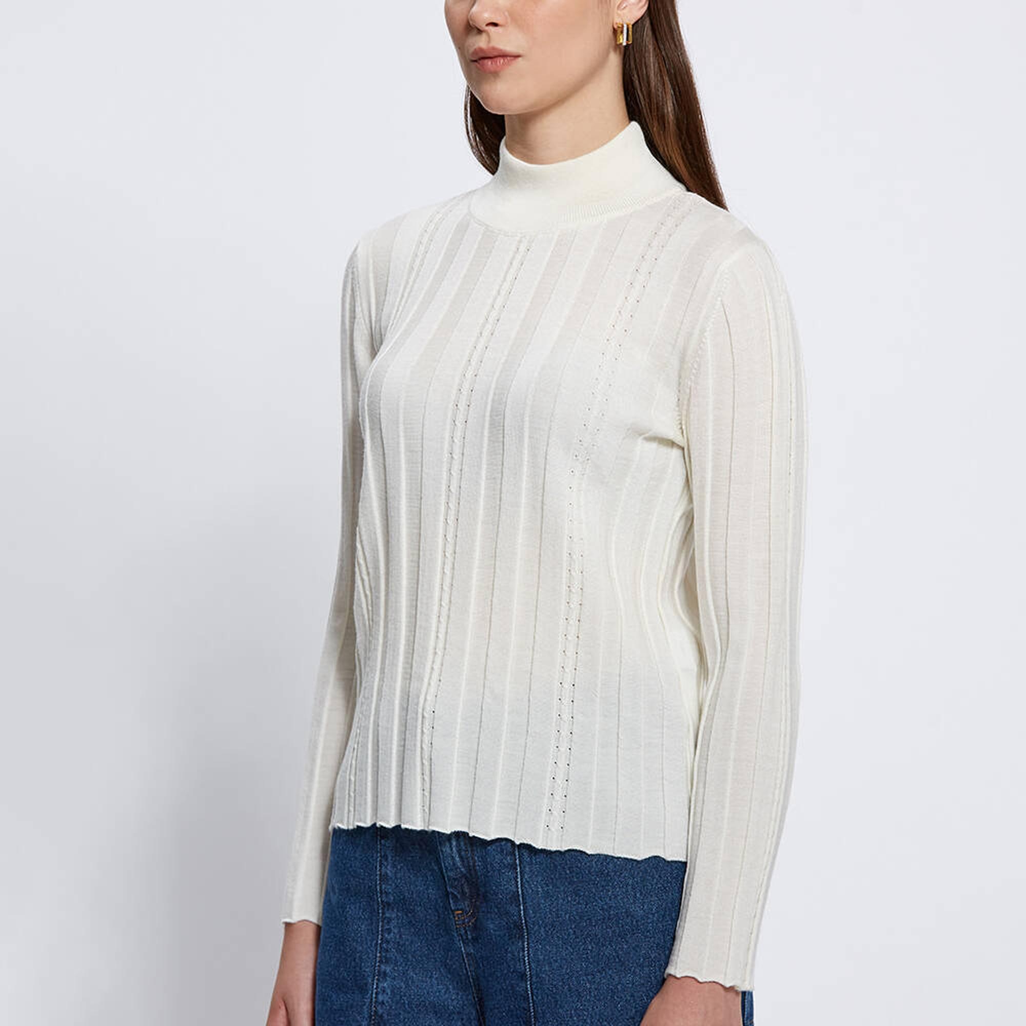 Knitss Uzun Kollu Balıkçı Yaka Merino Yün Ekru Triko