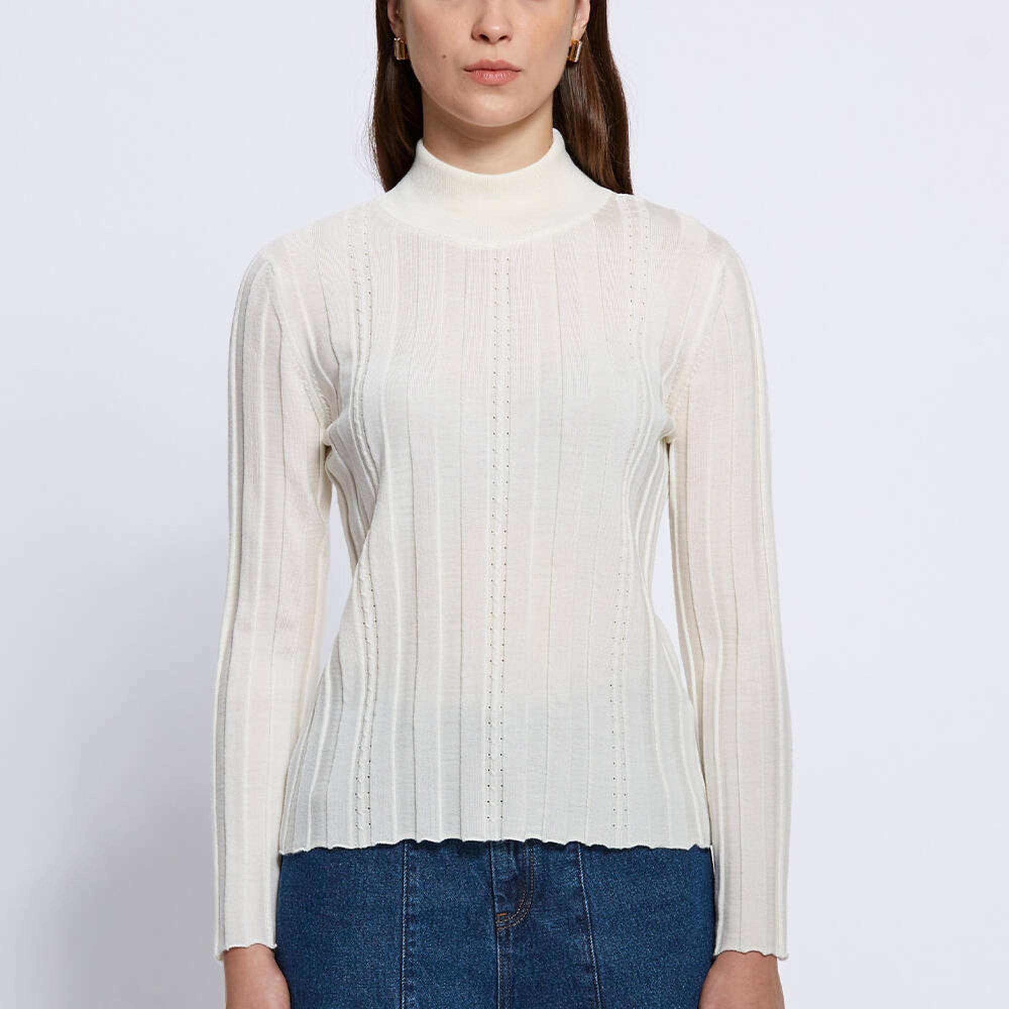 Knitss Uzun Kollu Balıkçı Yaka Merino Yün Ekru Triko