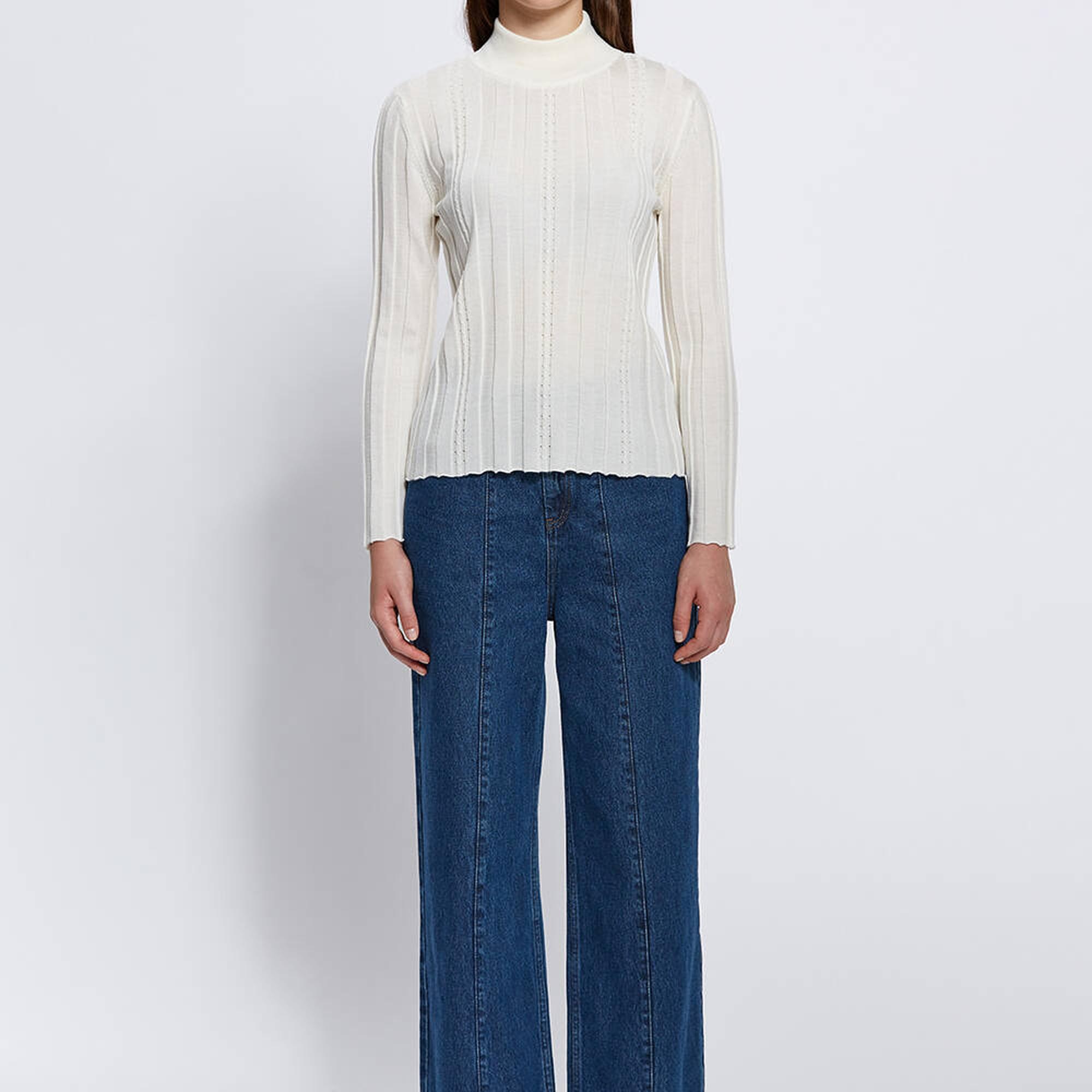 Knitss Uzun Kollu Balıkçı Yaka Merino Yün Ekru Triko