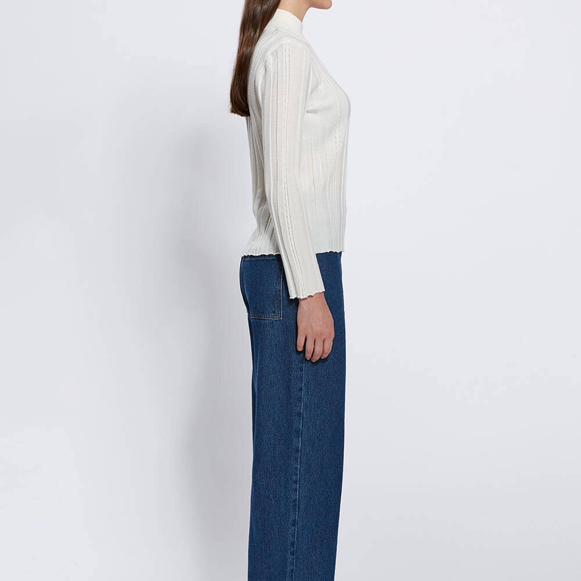 Knitss Uzun Kollu Balıkçı Yaka Merino Yün Ekru Triko