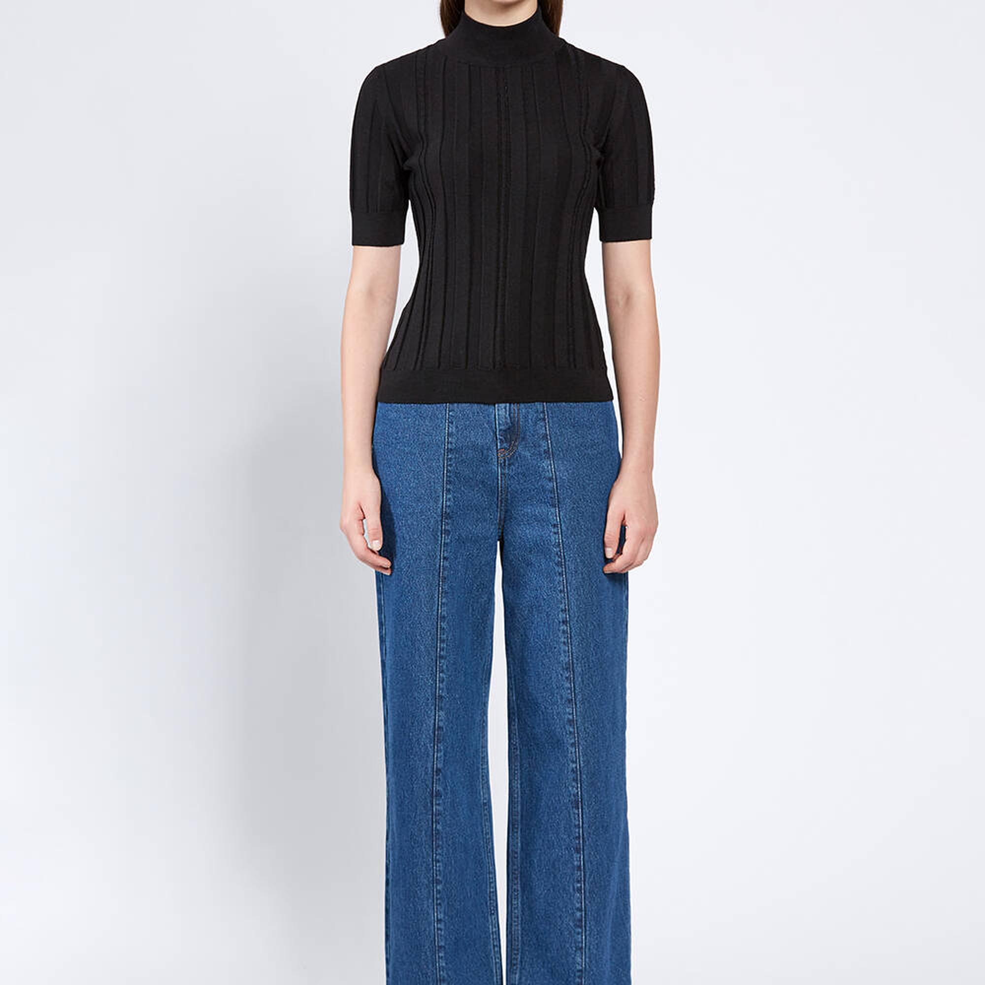 Knitss Kısa Kollu Balıkçı Yaka Merino Yün Siyah Triko Üst