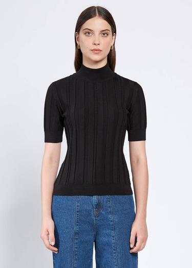  Knitss Kısa Kollu Balıkçı Yaka Merino Yün Siyah Triko Üst