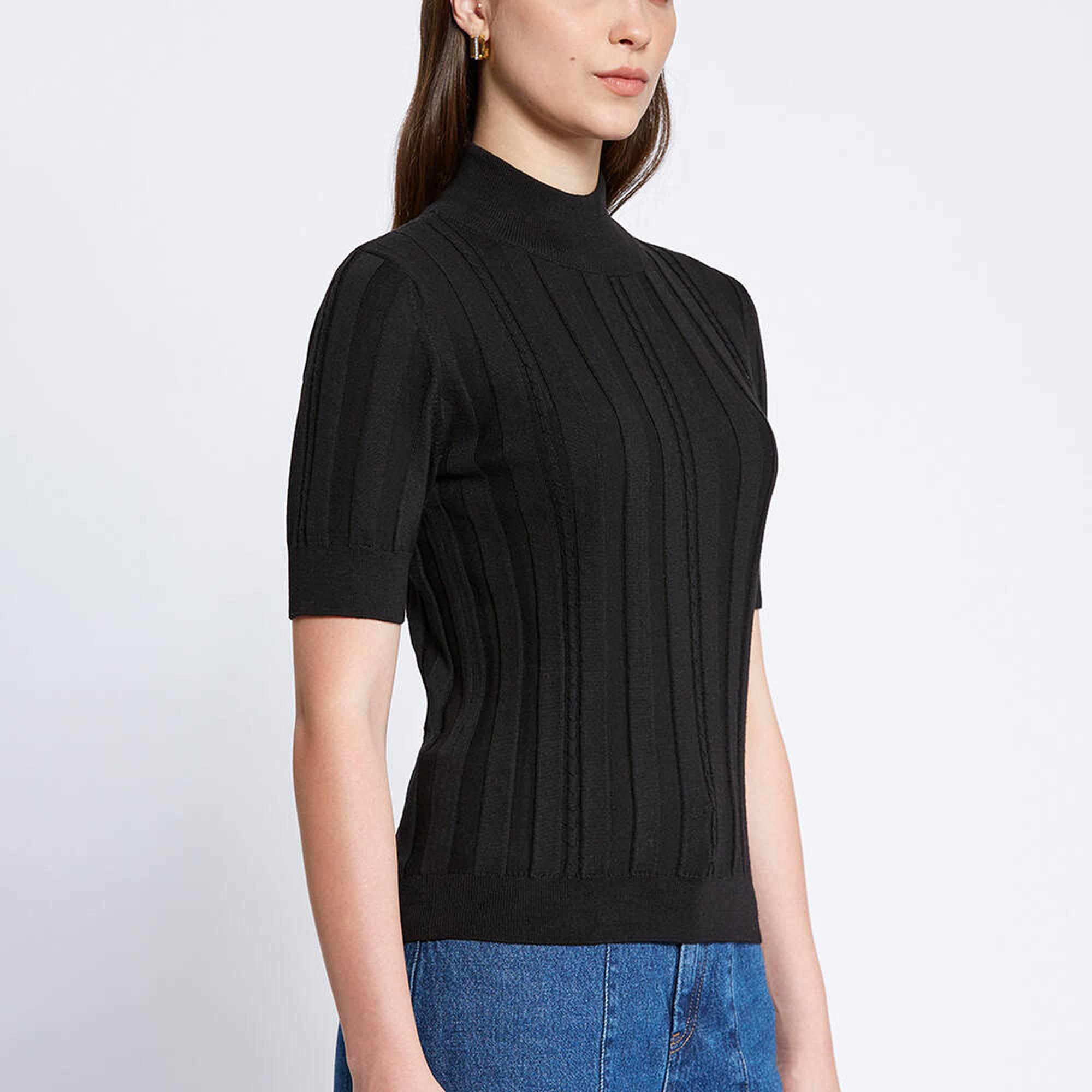 Knitss Kısa Kollu Balıkçı Yaka Merino Yün Siyah Triko Üst