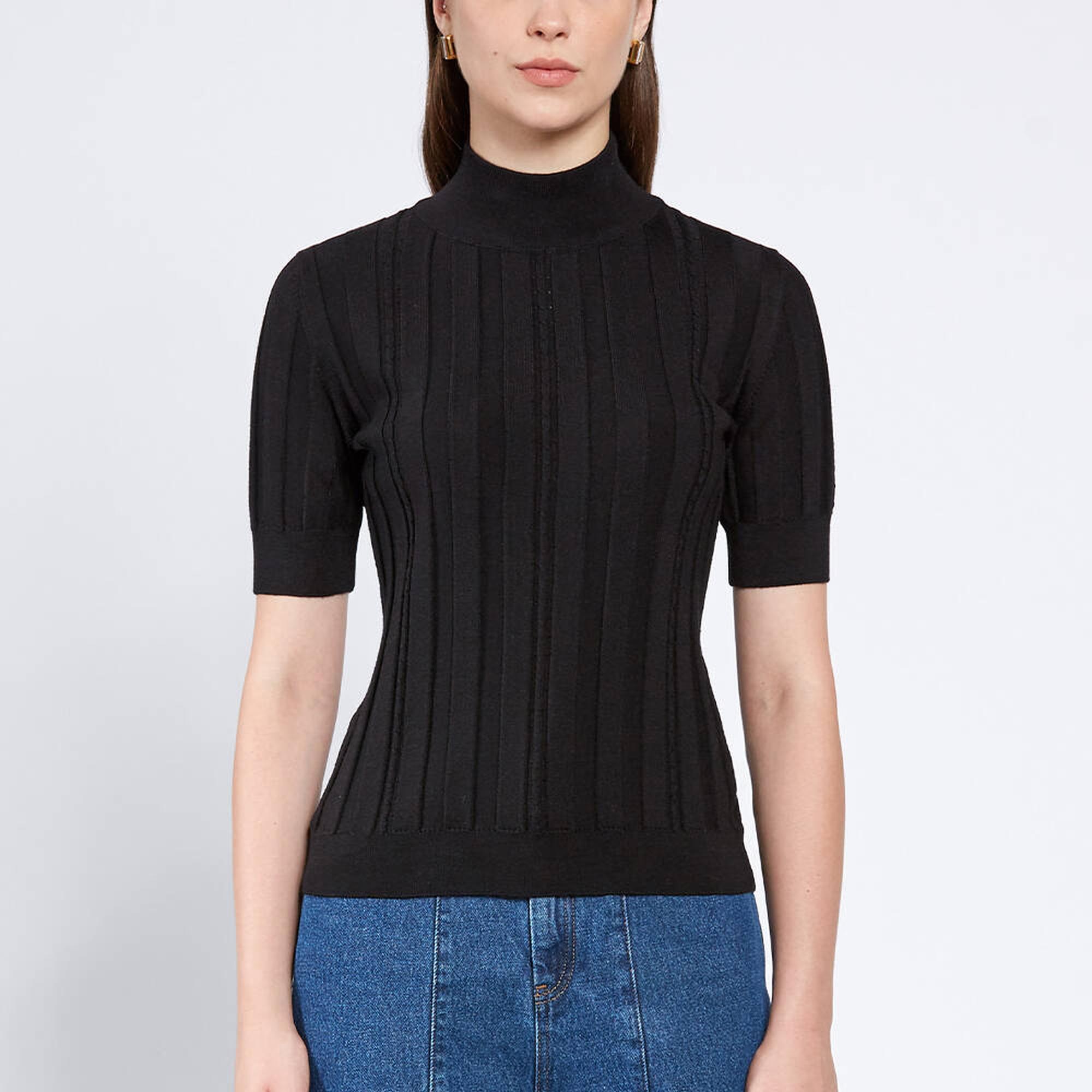 Knitss Kısa Kollu Balıkçı Yaka Merino Yün Siyah Triko Üst